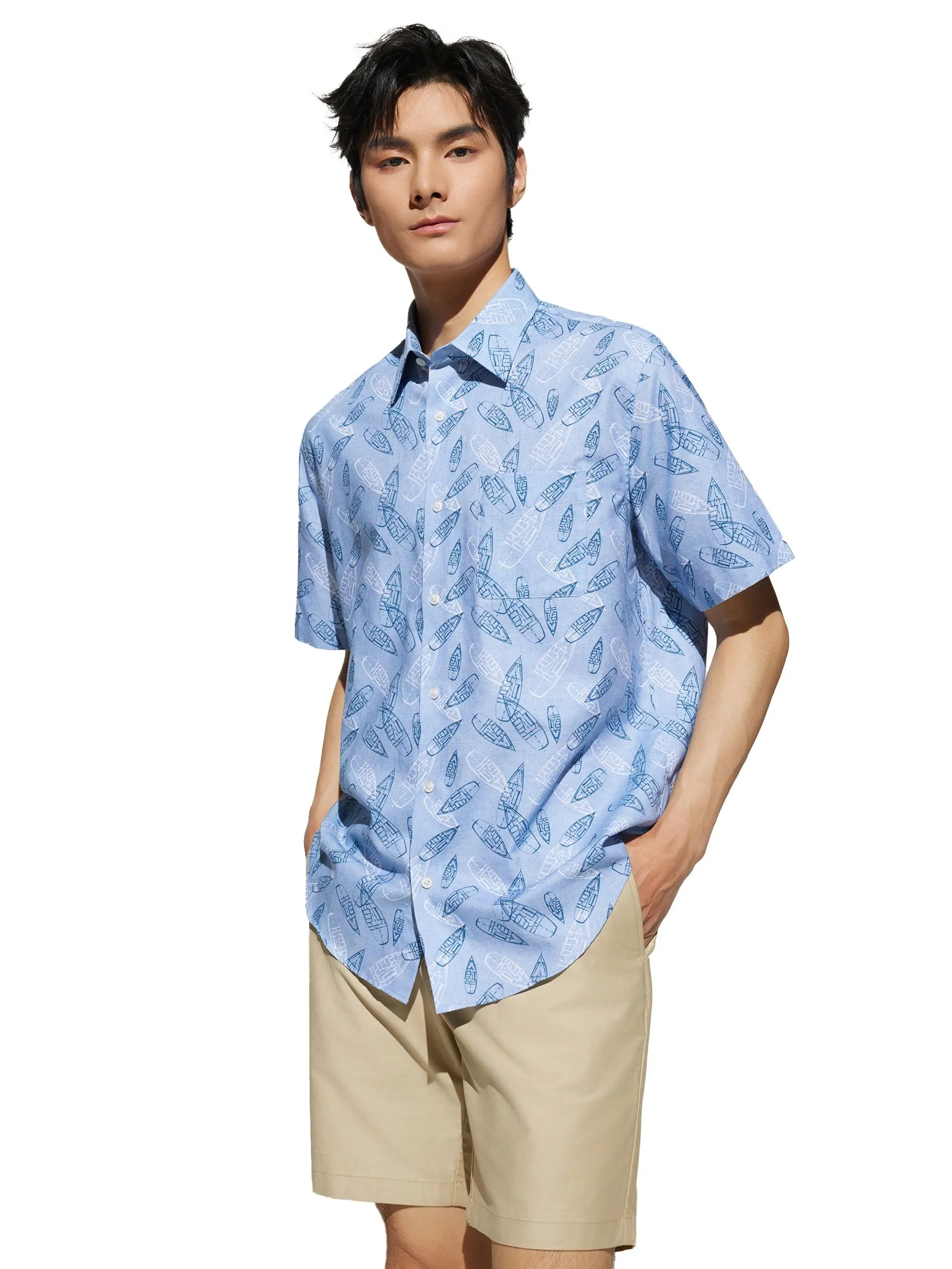 G2000 Men Clothing Cotton Digital Print Oxford Short Sleeve Casual Shirt  Comfort Fit - Blue