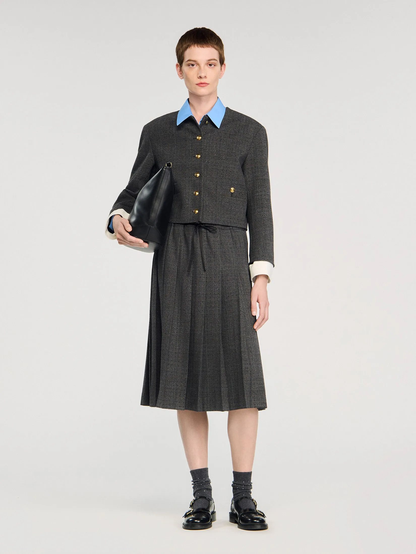 SANDRO Long Pleated Rhinestone Skirt