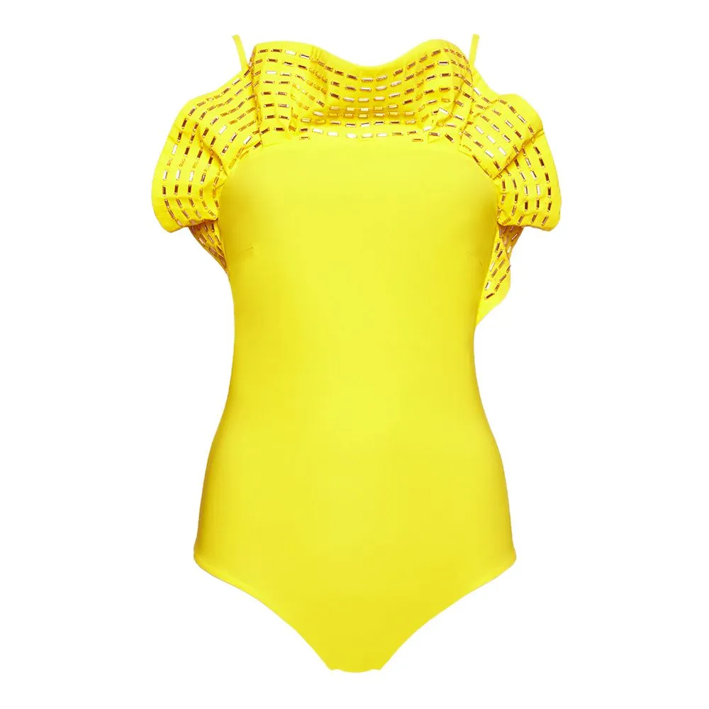 ANGELYS BALEK YELLOW BEADED RUFFLE WOMEN SWIMSUIT