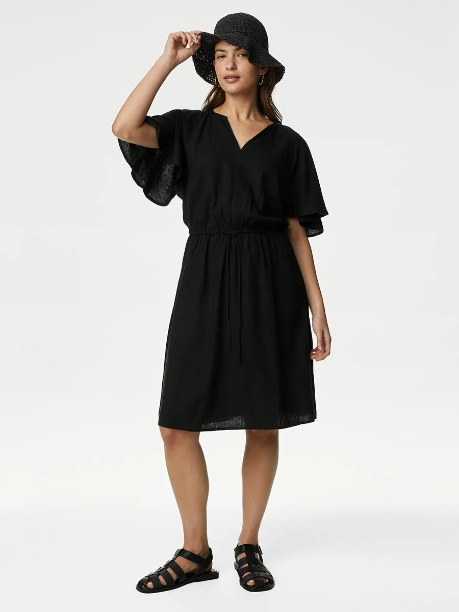 MARKS & SPENCER Women Dress V-Neck Knee Length Swing Linen Blend Black
