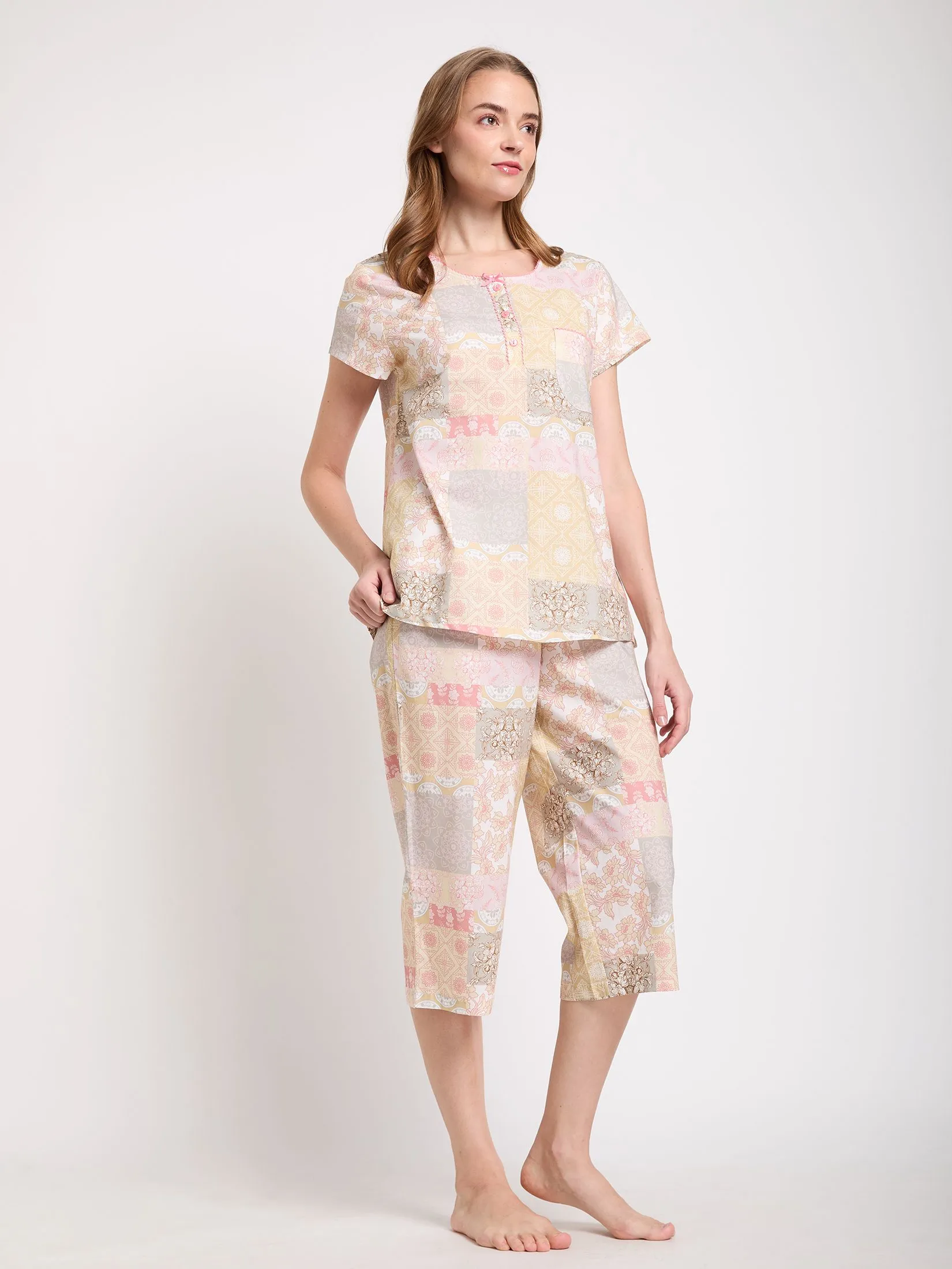 CLAUDIA'S ROMANCE Women Pajamas Polo Style Short Sleeves + 4-Part Pants Brown