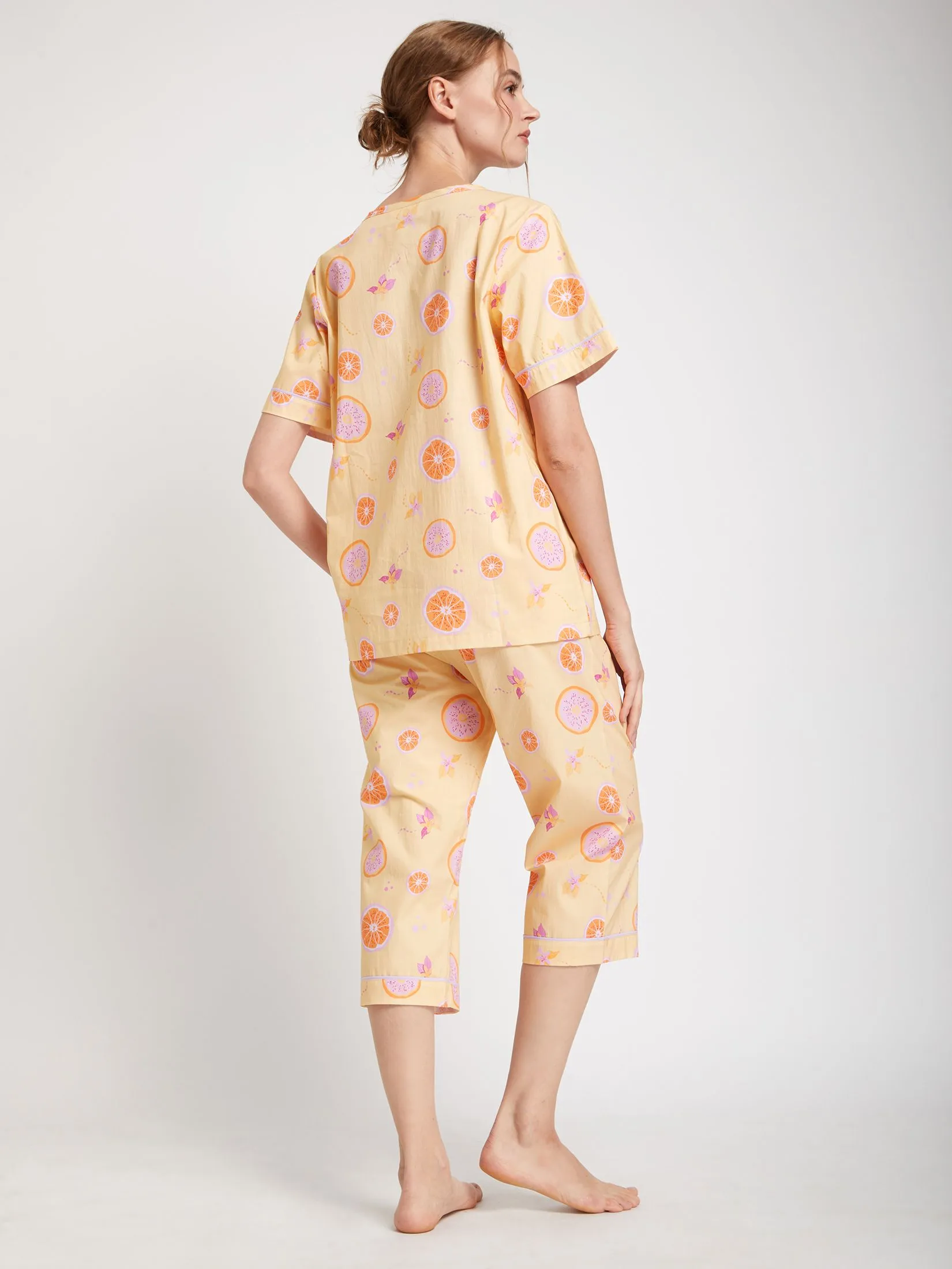 FOF Women Pyjamas Shirt Short Sleeves Crew Neck + Pants Lemon Print Yellow