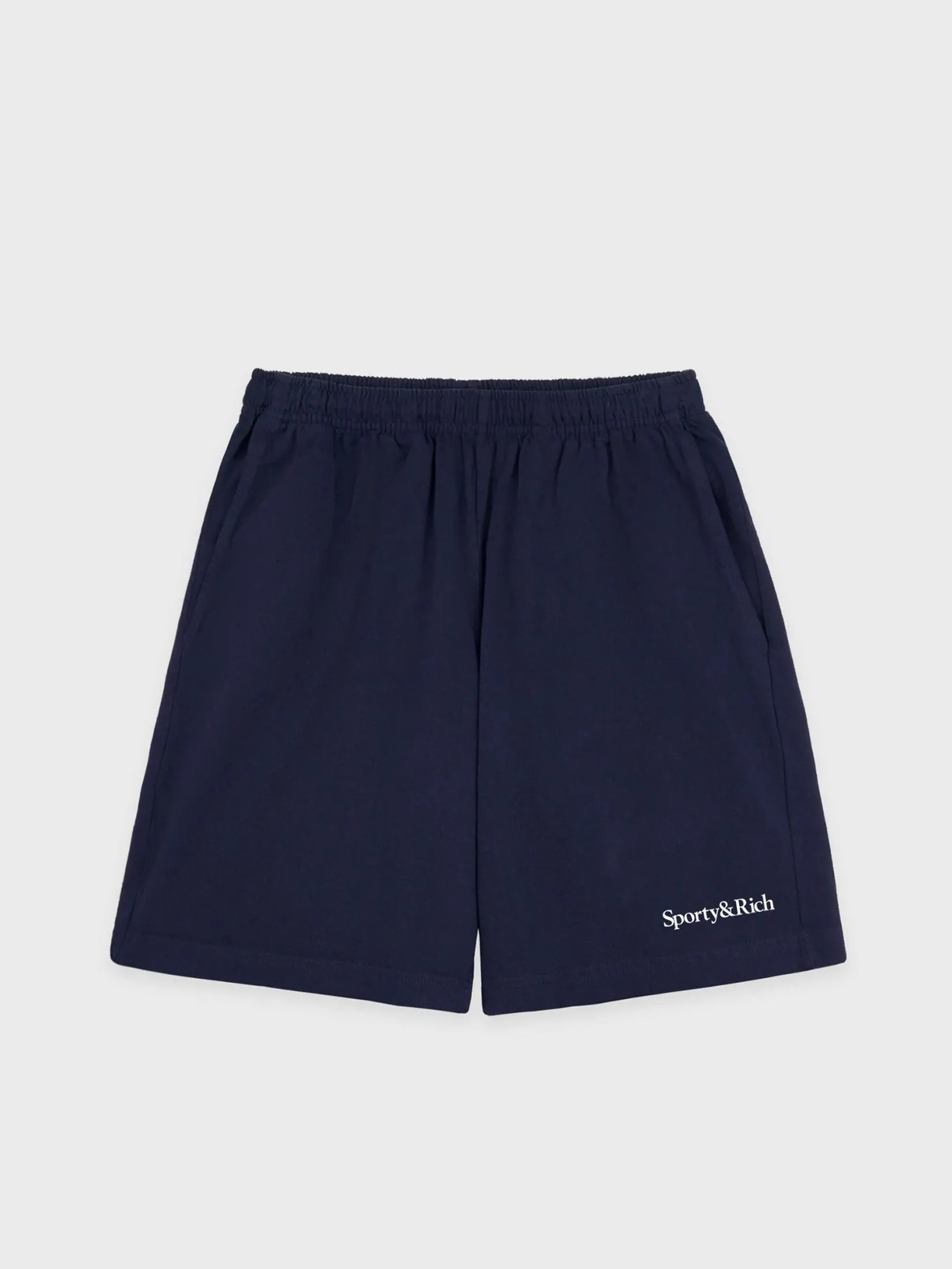 SPORTY & RICH Unisex Gym Short Serif Logo- Navy/White
