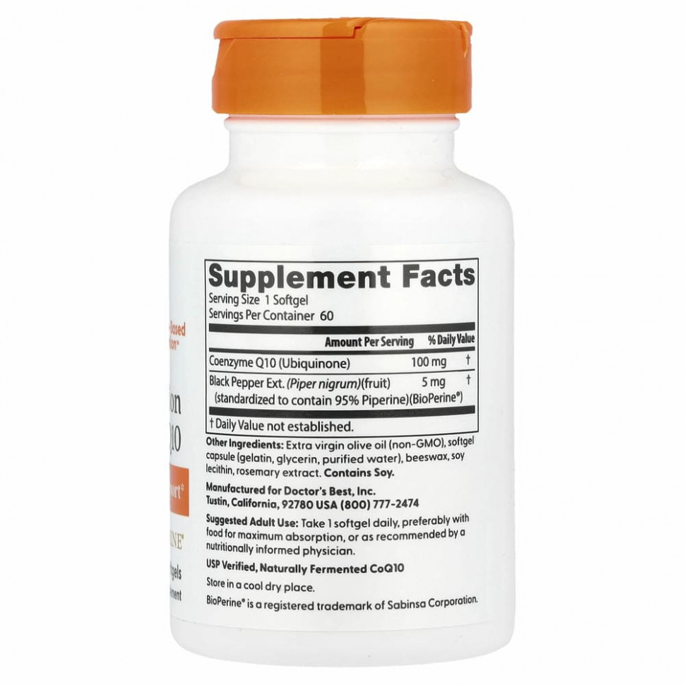 Doctor's Best, коэнзим Q10 с высокой степенью усвоения с BioPerine, 100 мг, 60 мягких таблеток