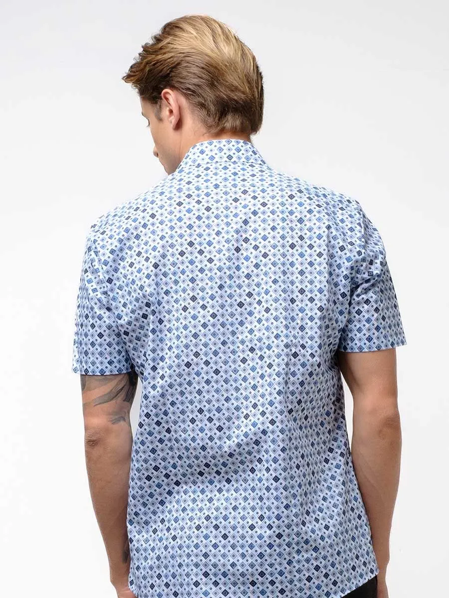 OLYMP MEN SHIRT  SHORT SLEEVES   MODERN FIT BLUE GRAPHIC PATTERN