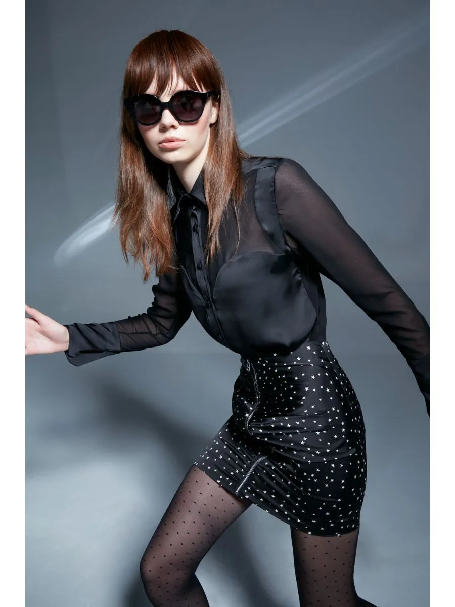 SENADA WOMEN GREEN STARS DRAPED MINI SKIRT WITH FRONT ZIPPER