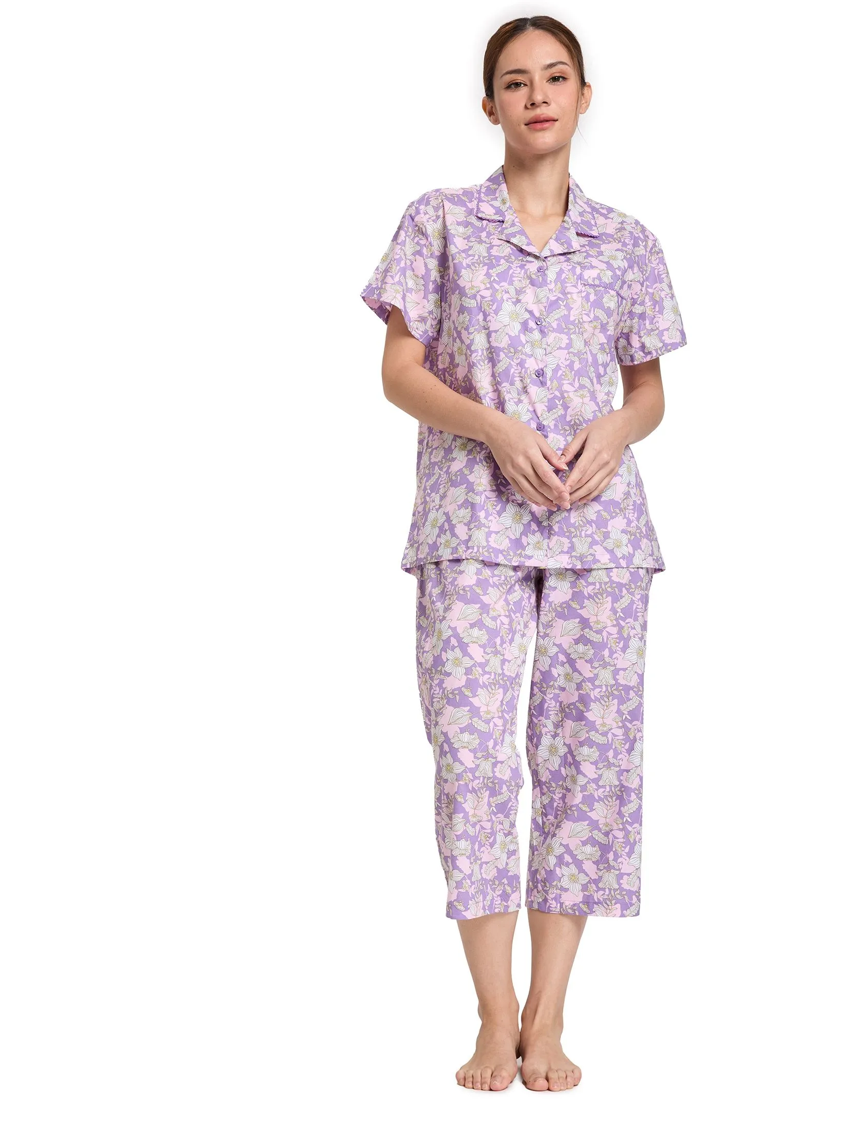CLAUDIA'S ROMANCE Women Pyjamas Hawaii Shirt Short Sleeves + Cropped Pants Print Violet