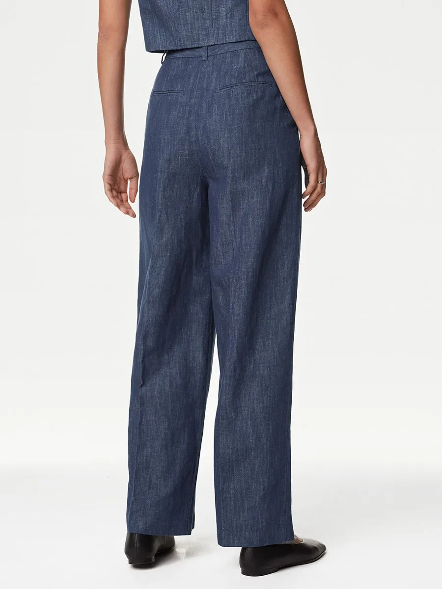 MARKS & SPENCER Women Trousers Wide Leg Pleat Front Cotton Rich Blue Mix