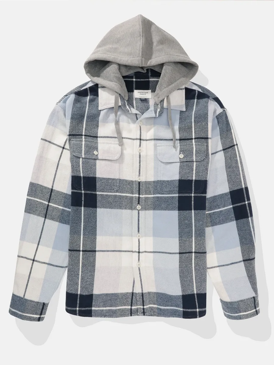 AMERICAN EAGLE MEN JEFFREY PLAID HOODED 3X1 FLANNEL 426 BRIGHT BLUE