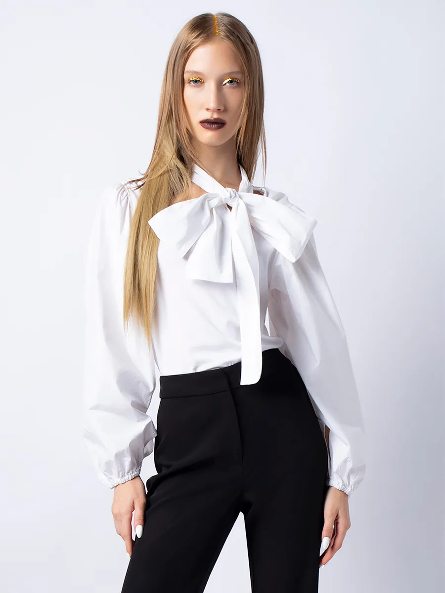 F-FASHION Long Sleeve Blouse with Bow Detail Women White