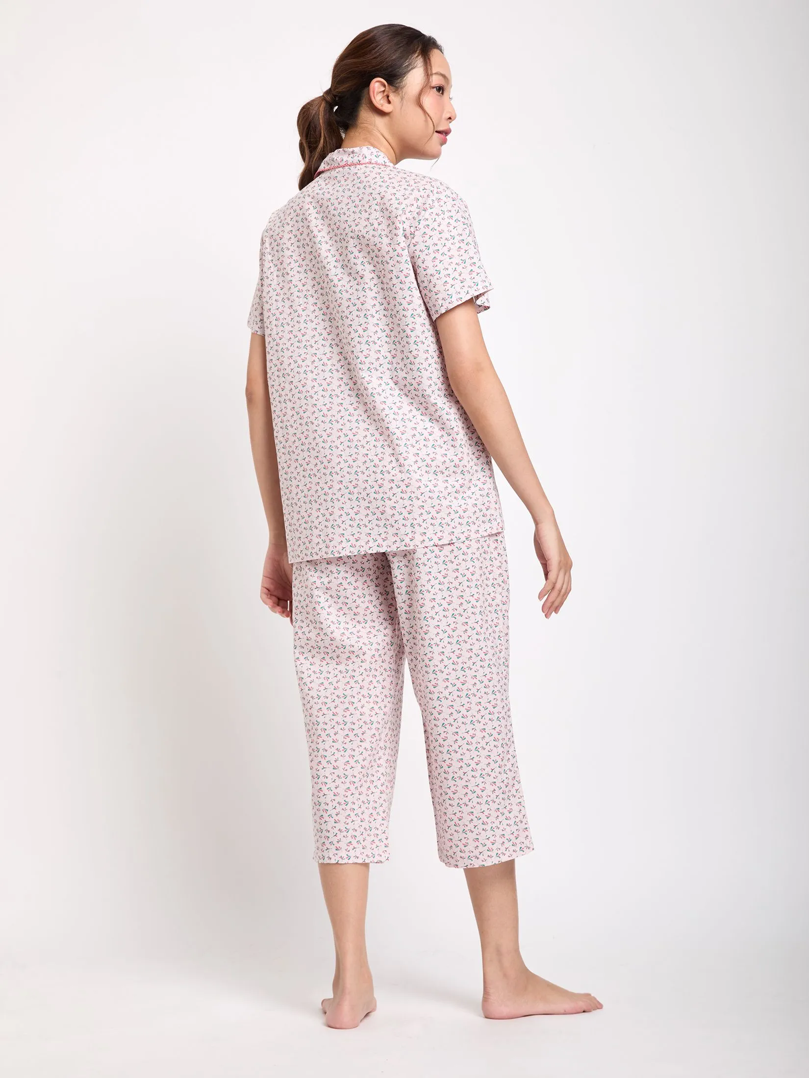 CLAUDIA'S ROMANCE Women Pyjamas Hawaii Shirt Short Sleeves + Cropped Pants Pink