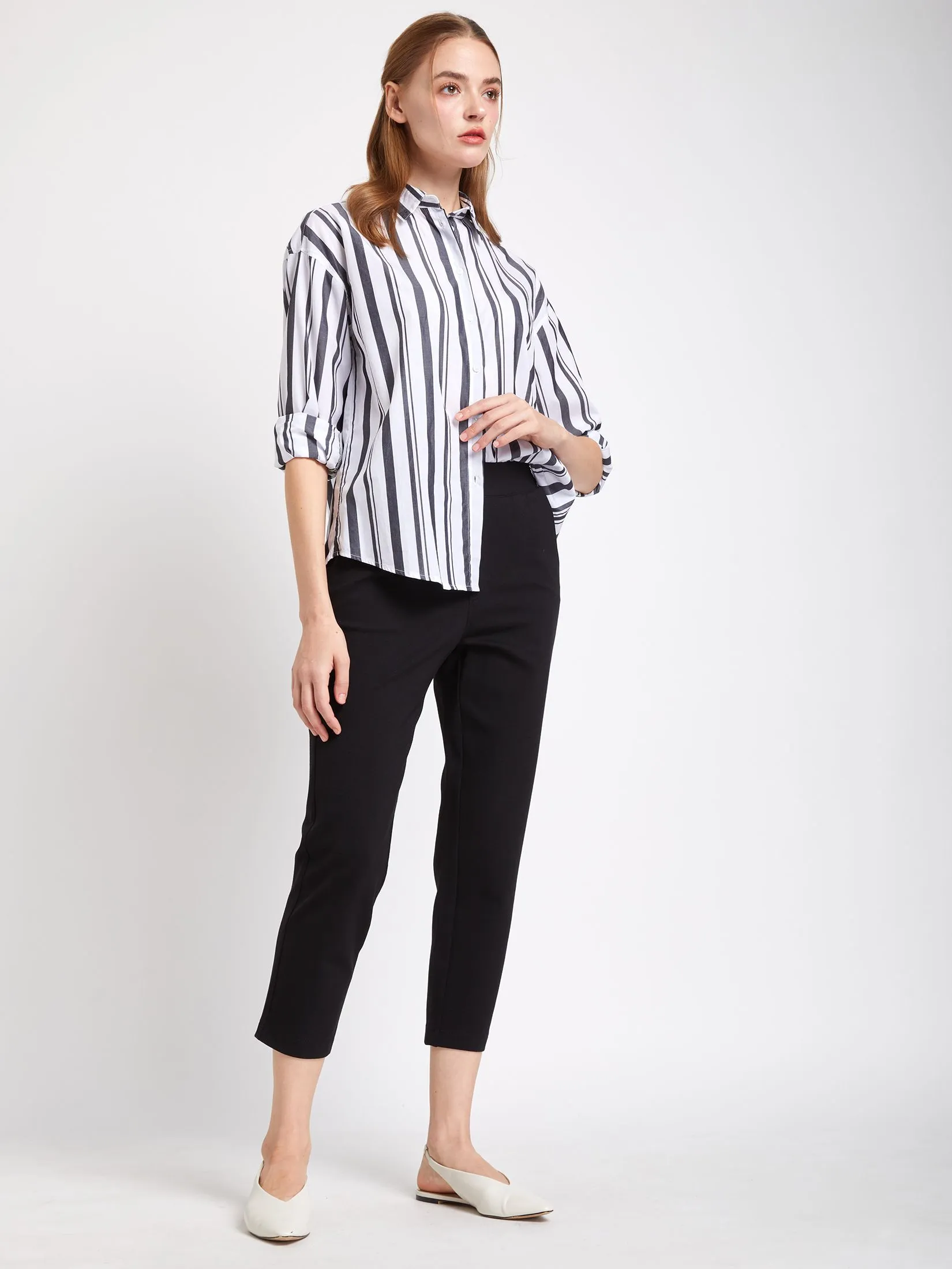 EASY PIECES Women Shirt Long Sleeves Collar Neck Striped