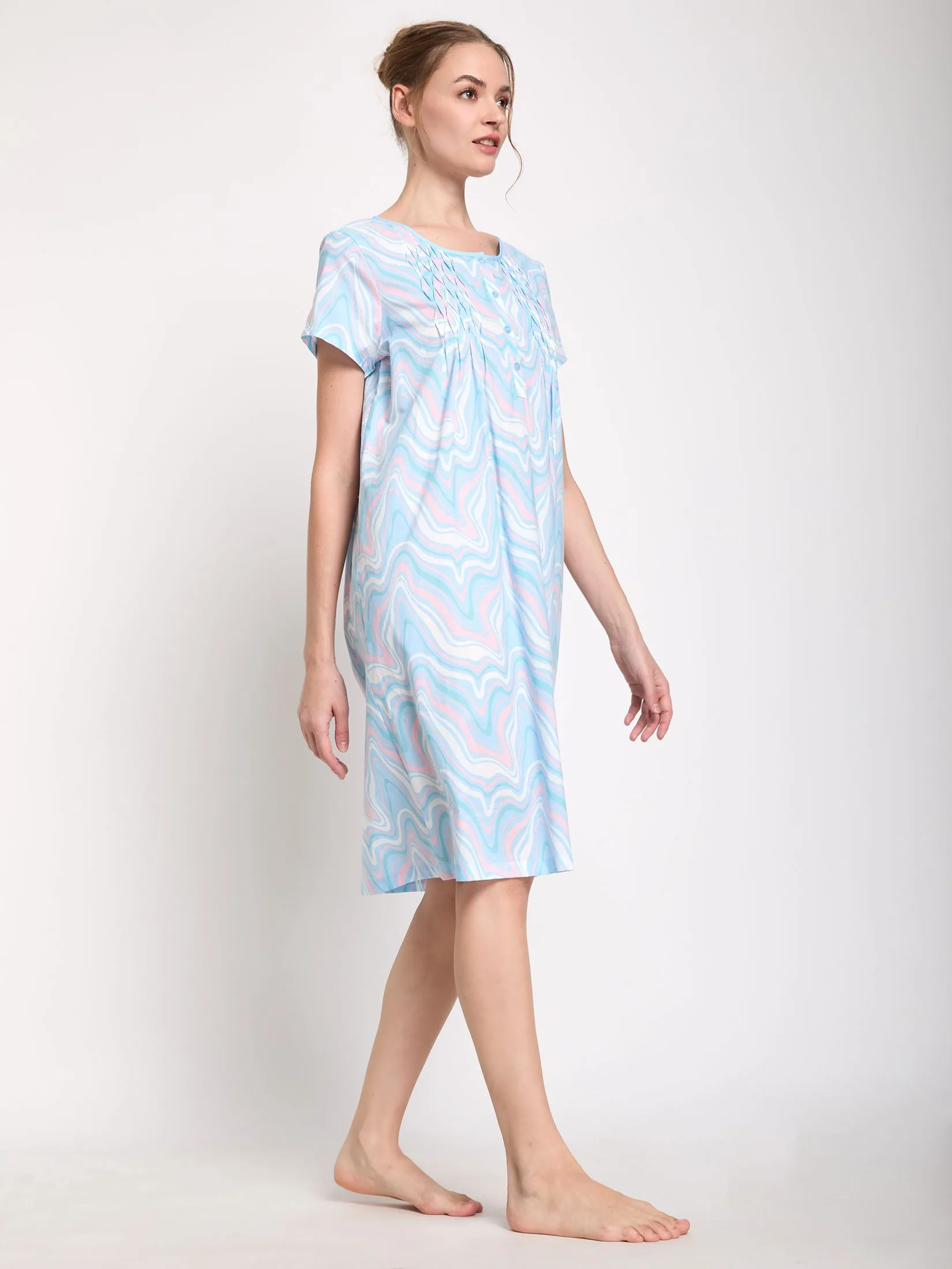 CLAUDIA'S ROMANCE Women Pyjamas Dress Short Sleeves Round Neck Marble Swirl Light Blue