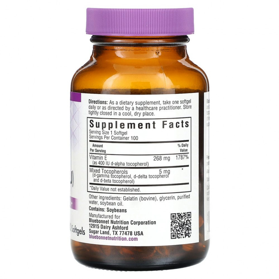 Bluebonnet Nutrition, витамин E, 268 мг (400 МЕ), 100 капсул