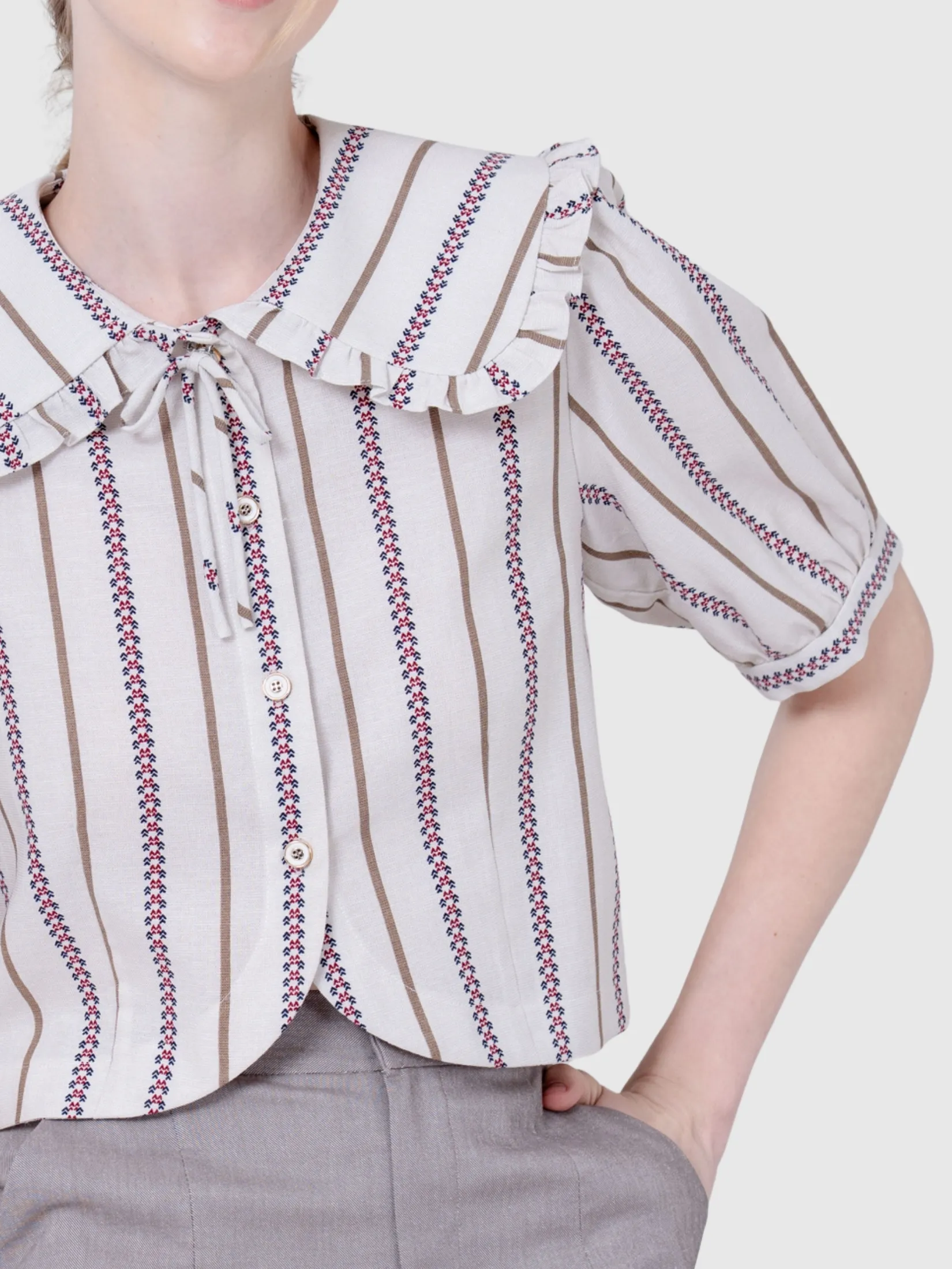 AMILA Women Blouse Short Sleeves Cotton Linen Khaki