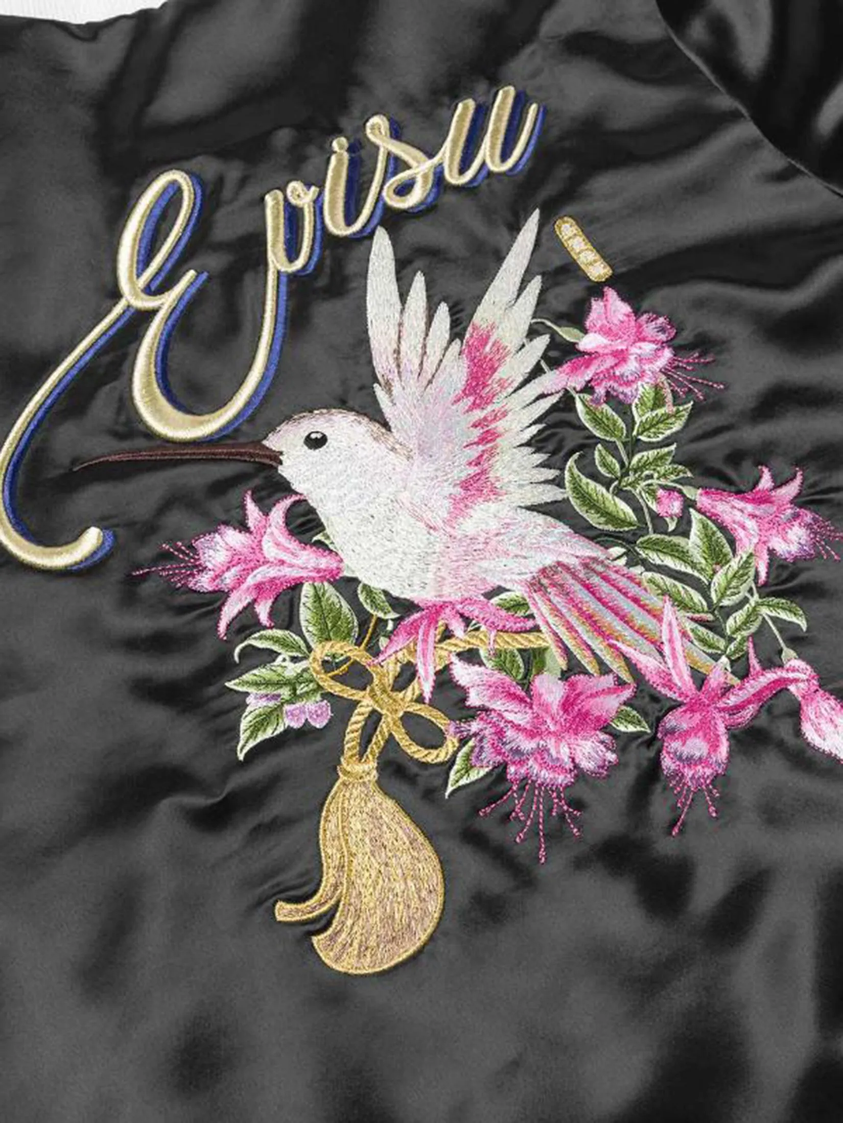 EVISU Women Souvenir Jacket Hummingbird and Magnolia Flower Embroidery Loose Fit Black