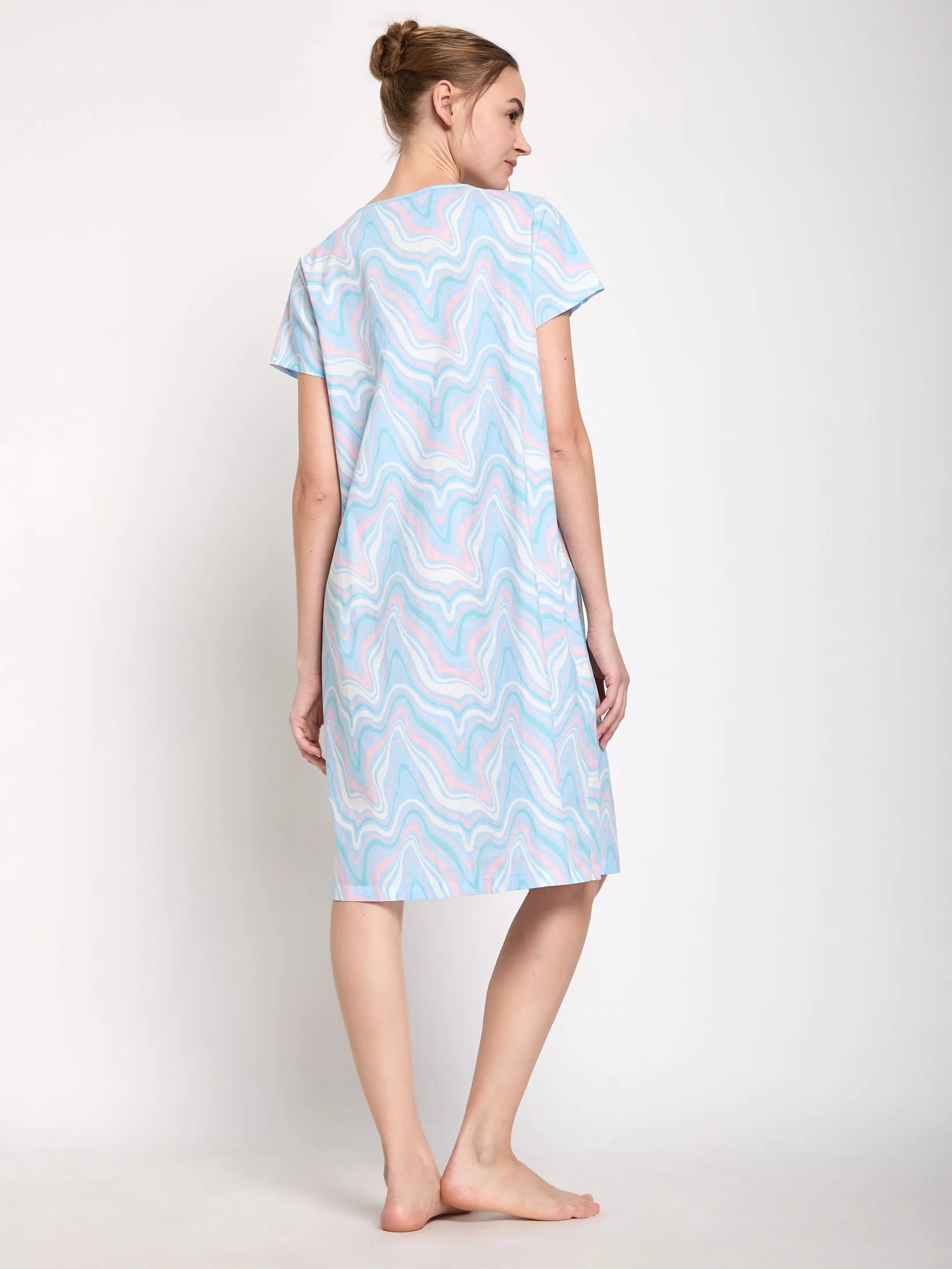CLAUDIA'S ROMANCE Women Pyjamas Dress Short Sleeves Round Neck Marble Swirl Light Blue