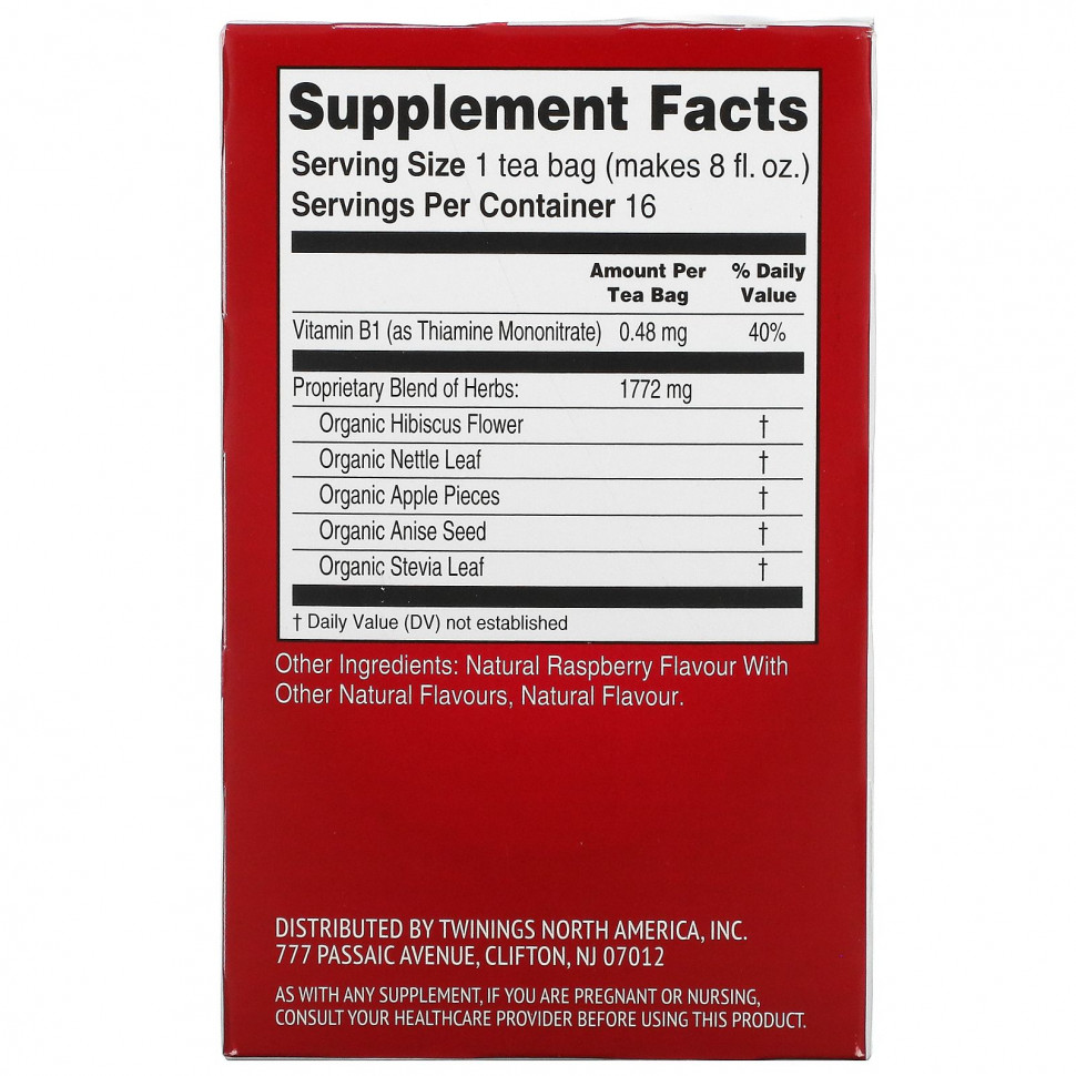Twinings, Superblends, Heartea с витамином B1, малина, травяной чай из гибискуса, без кофеина, 16 чайных пакетиков, 32 г (1,12 унции)
