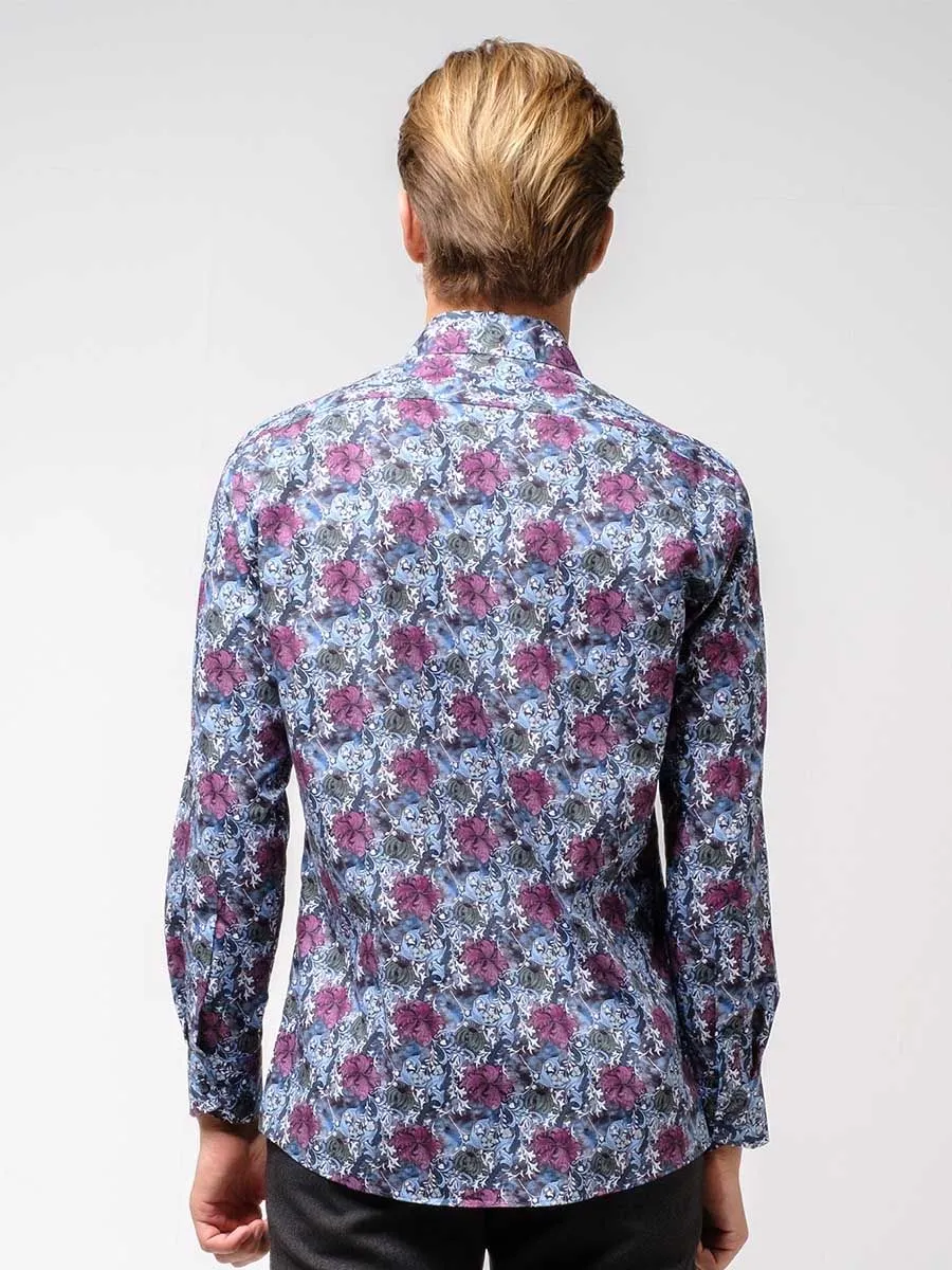 OLYMP MEN SHIRT LONG SLEEVES MODERN FIT GRAPHIC PRINT BLUE EASY IRON