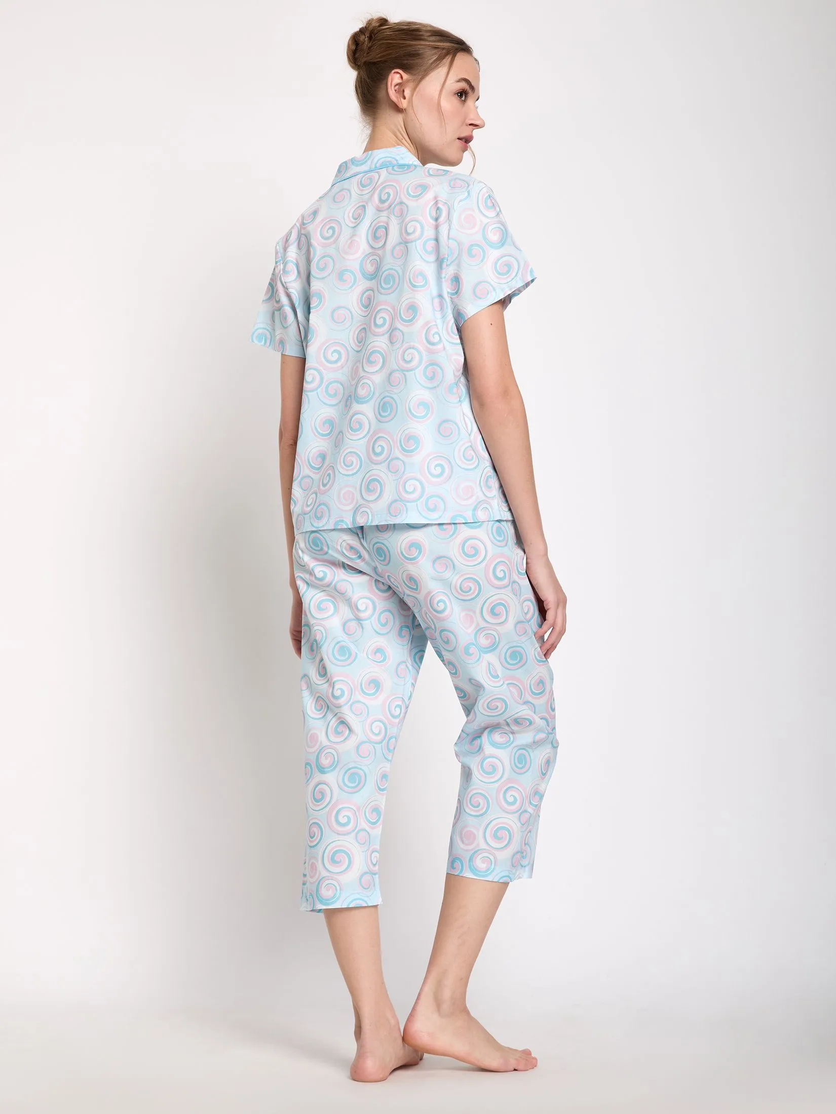 CLAUDIA'S ROMANCE Women Pyjamas Set Hawaiian Shirt Short Sleeves + Cropped Pants Light Blue