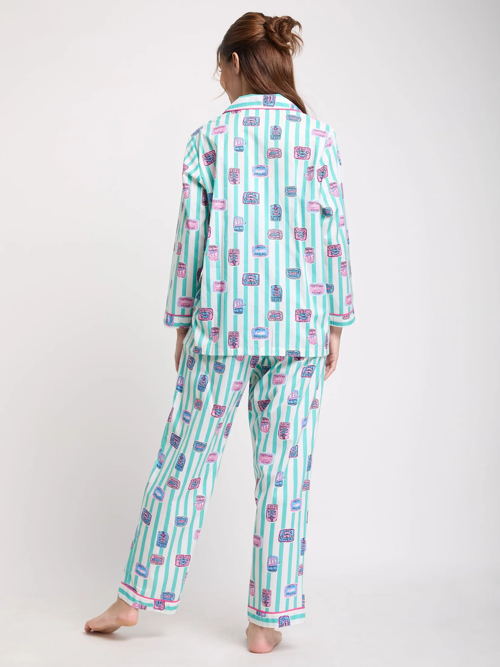 FOF Women Pyjamas Shirt Long Sleeves Collar Neck + Pants Print Green