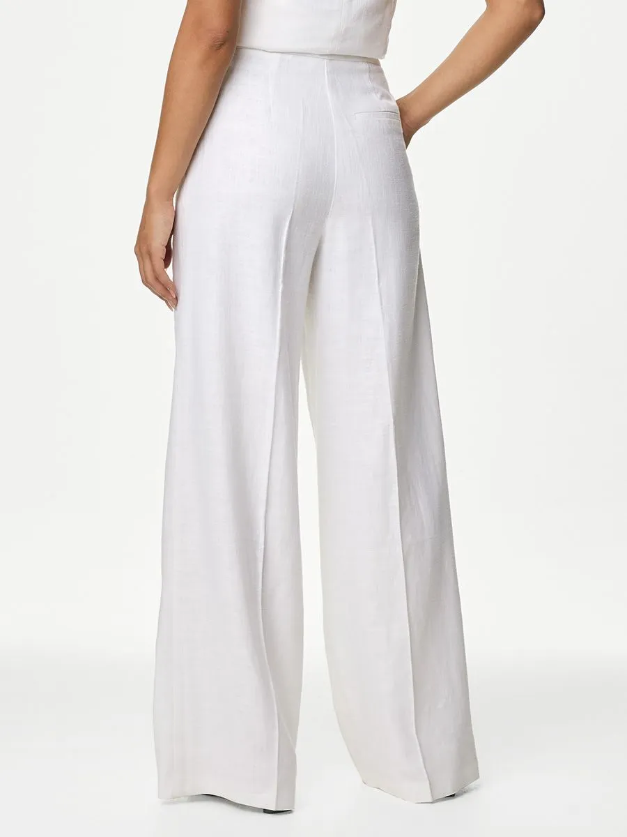 MARKS & SPENCER Women Trousers Wide Leg Pleated Linen Rich