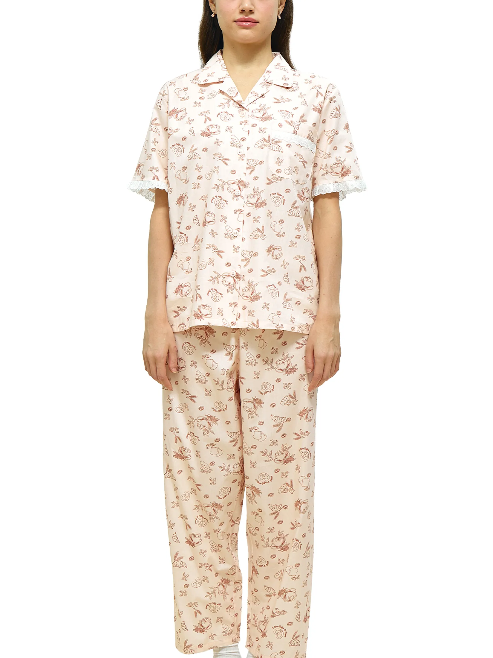 WACOAL Women Sleepwear Hawaiian collar Collection CAFE’ CATION ,short sleeves, long legged, Coffee&Bread pattern Beige