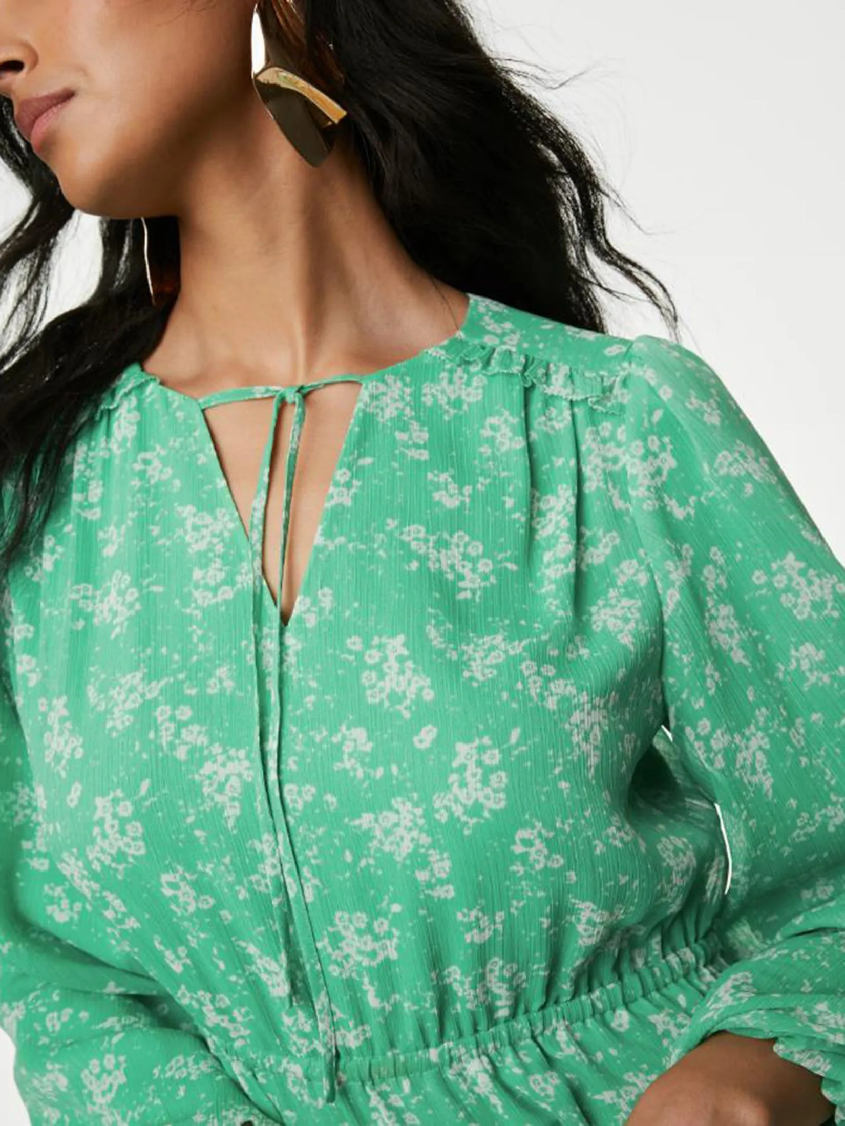 MARKS & SPENCER Women Maxi Tiered Dress Floral Tie Neck Green Mix