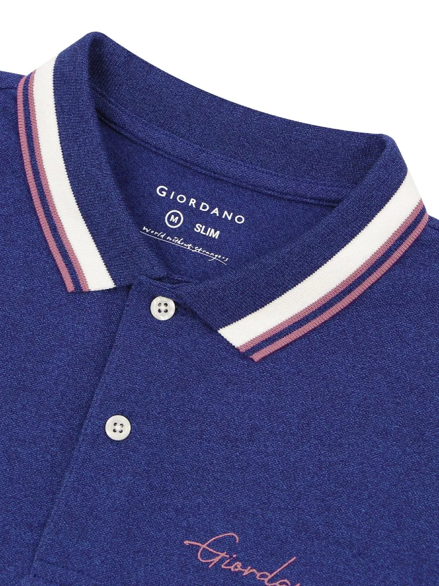 GIORDANO Men's Signature Pique Embroidery Solid Polo Melange Key Largo Blue