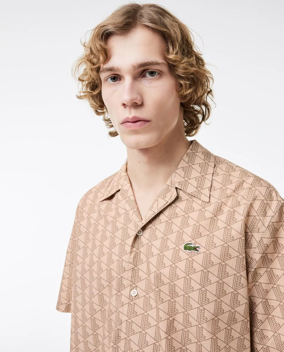 LACOSTE Short Sleeved Monogram Print Shirt Beige