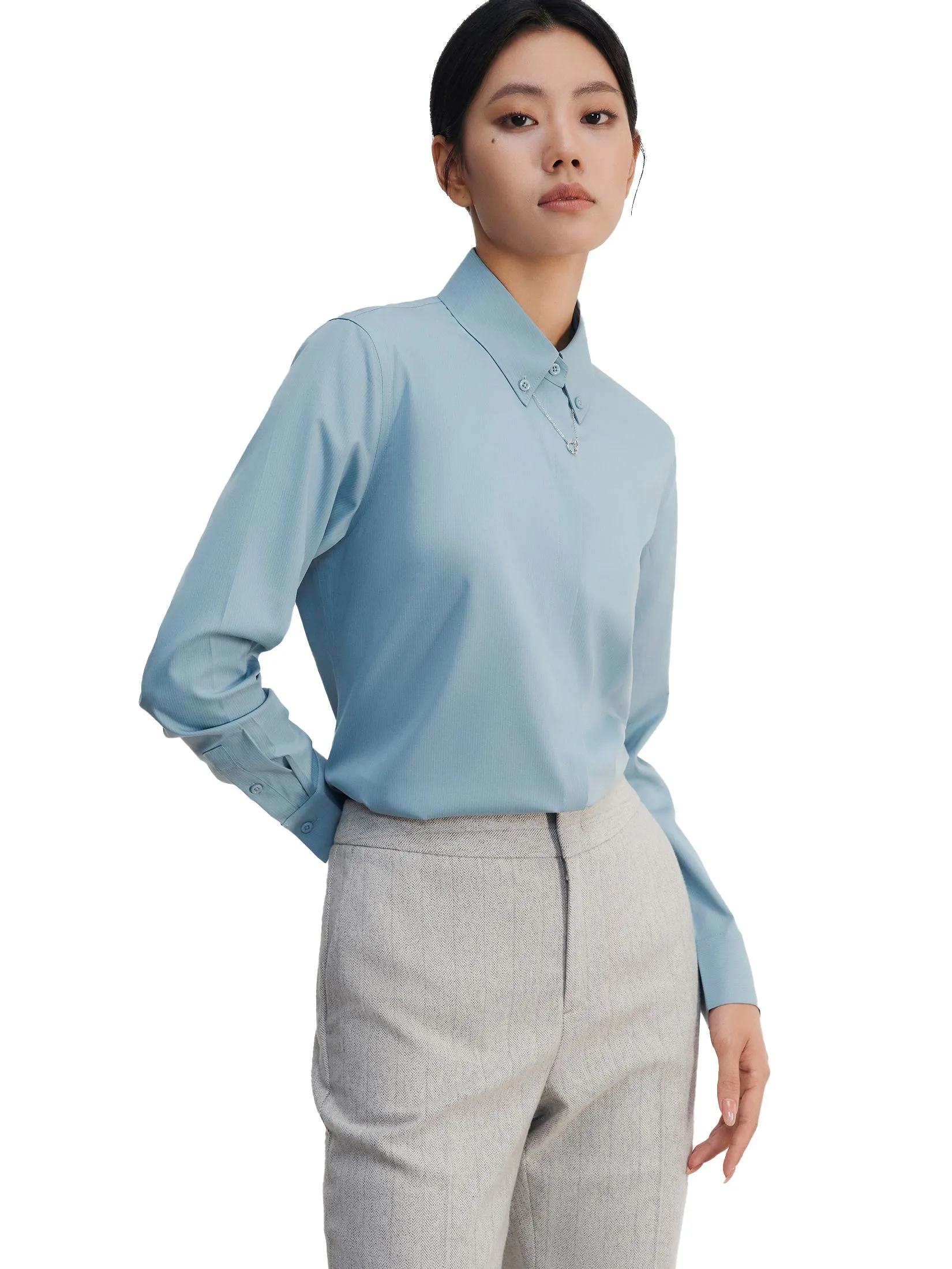 G2000 Women Clothing Modal Poly Spandex Dobby Twill With Detachable Necklace Shirt Slim Fit - Blue