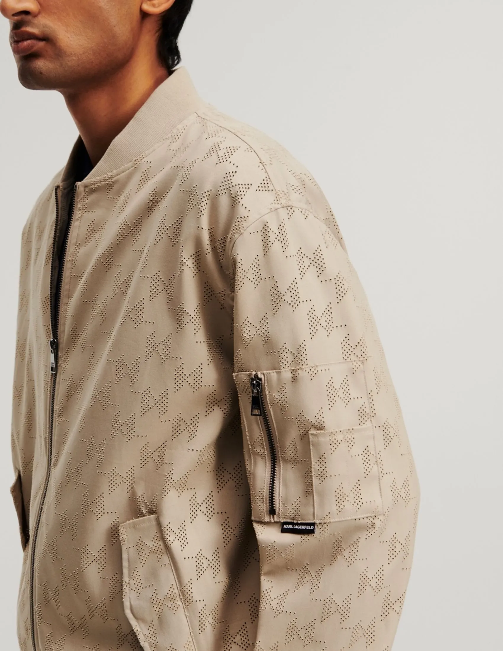 KARL LAGERFELD RTW-1 HUN'S PICK PERFORATED MEN BOMBER HUMMUS
