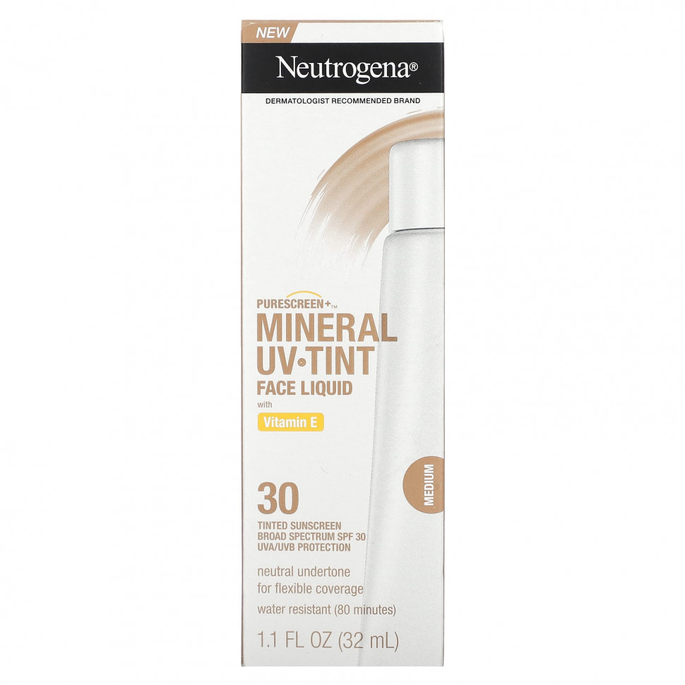 Neutrogena, Purescreen + Mineral UV Tint, жидкая тонирующая жидкость для лица с витамином E, средний, SPF 30, 32 мл (1,1 жидк. Унции)