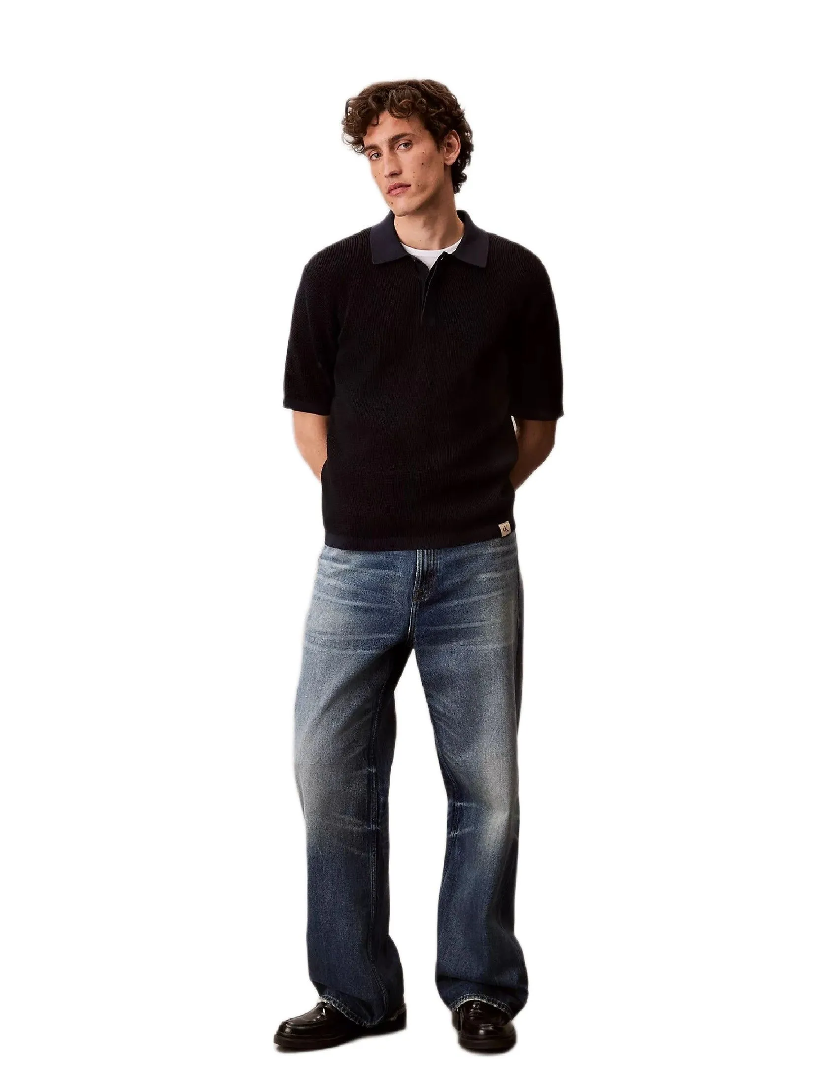 CALVIN KLEIN Men's Smooth Cotton Waffle Sweater Polo Shirt Black