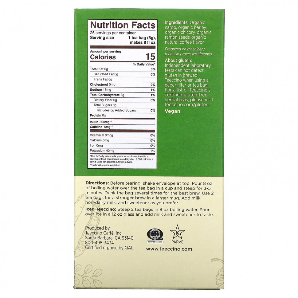 Teeccino, органический чай из обжаренных трав, французская обжарка, без кофеина, 25 чайных пакетиков, 150 г (5,3 унции)