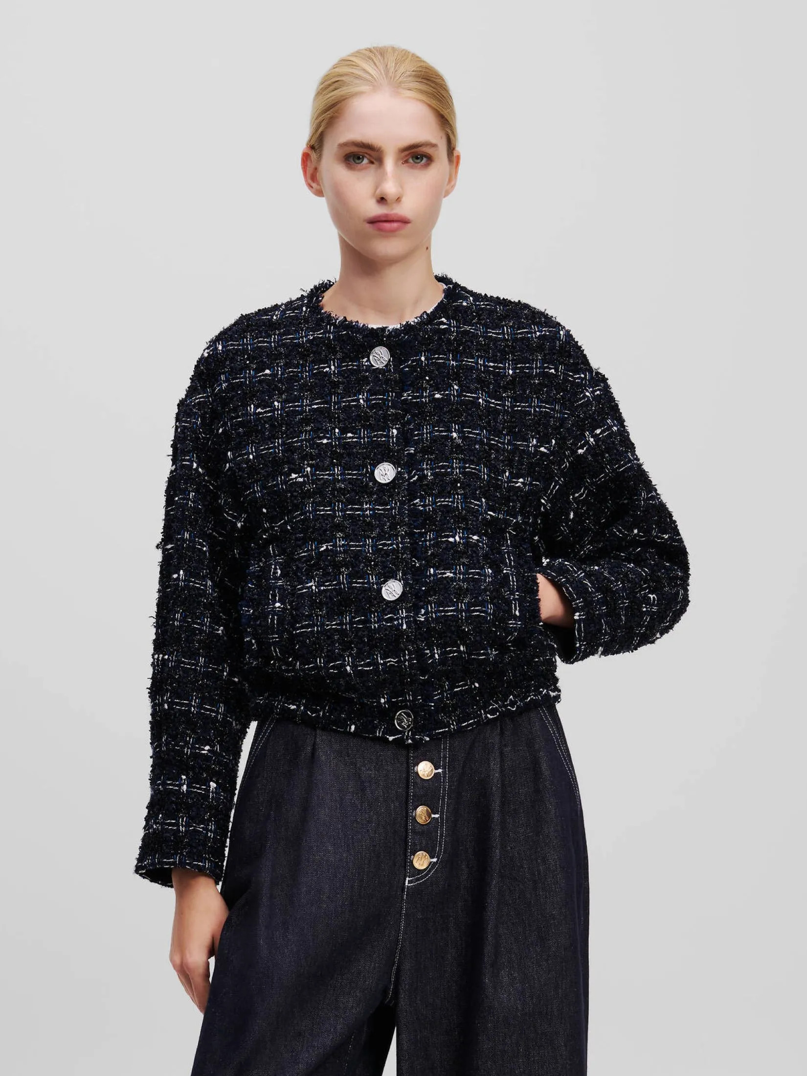 KARL LAGERFELD RTW-1 BOUCLE BOMBER JACKET DARK NAVY BOUCLE