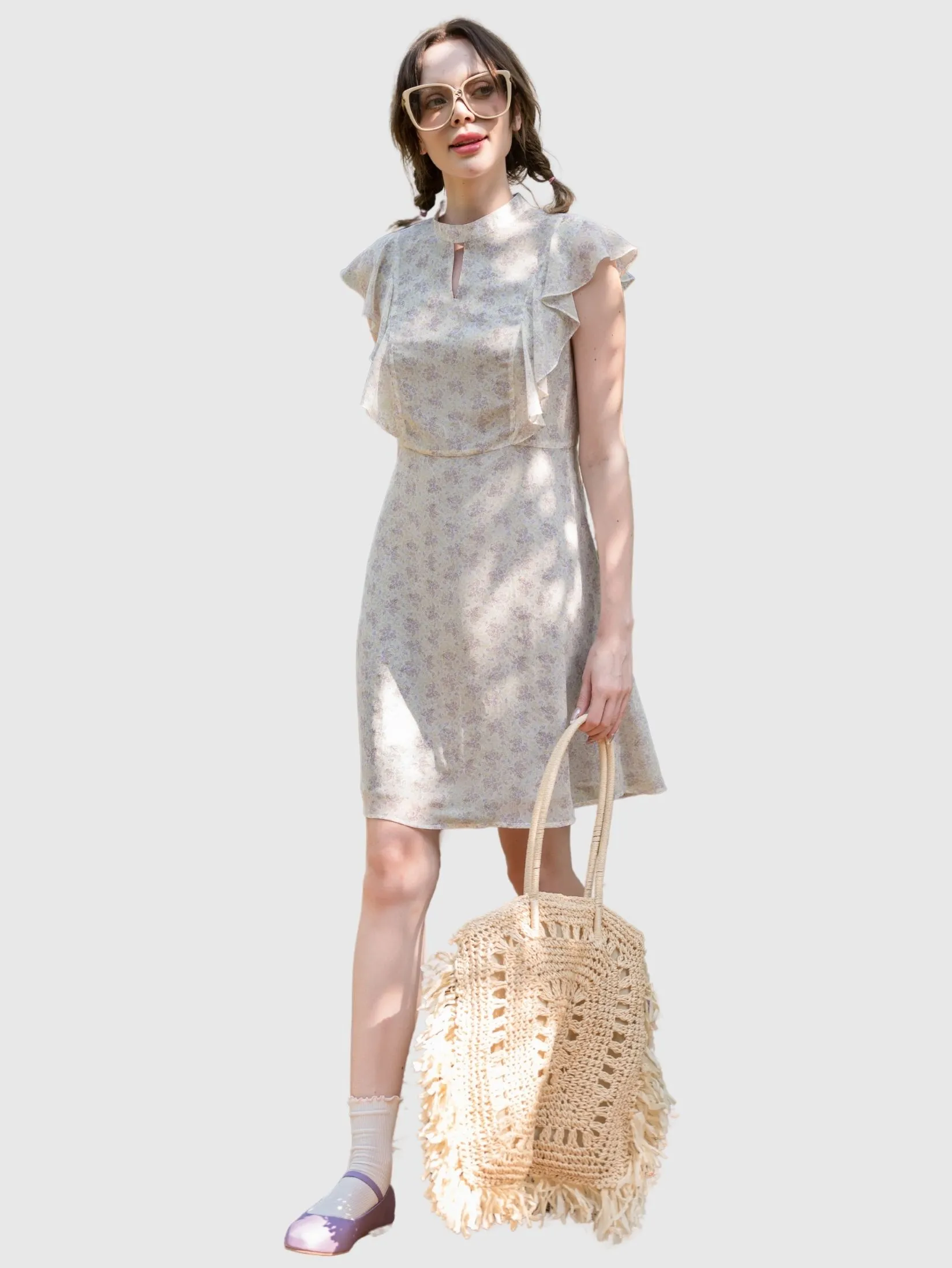 AMILA Women Dress Short Sleeves Chiffon Print Cream