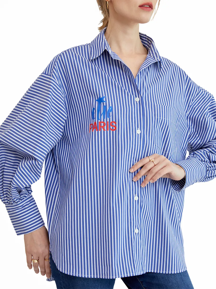 ELLE NAVY BLUE WOMEN OVERSIZE SHIRT STRIPED W3B276 COLLECTION BEPARIS