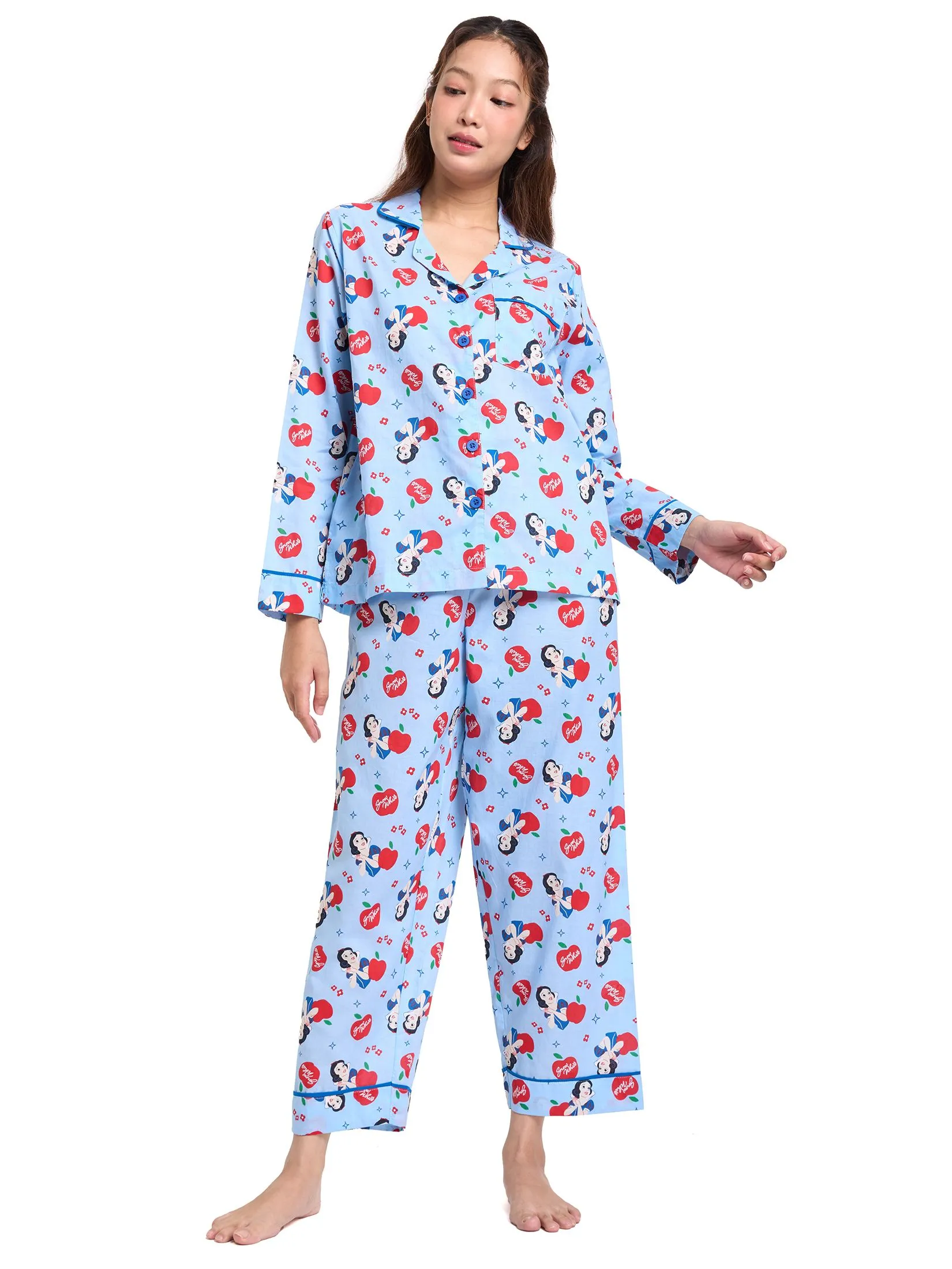 SWEET SENSATIONS Women Pyjamas Shirt Long Sleeves + Pants Disney Snow White Print Light Blue