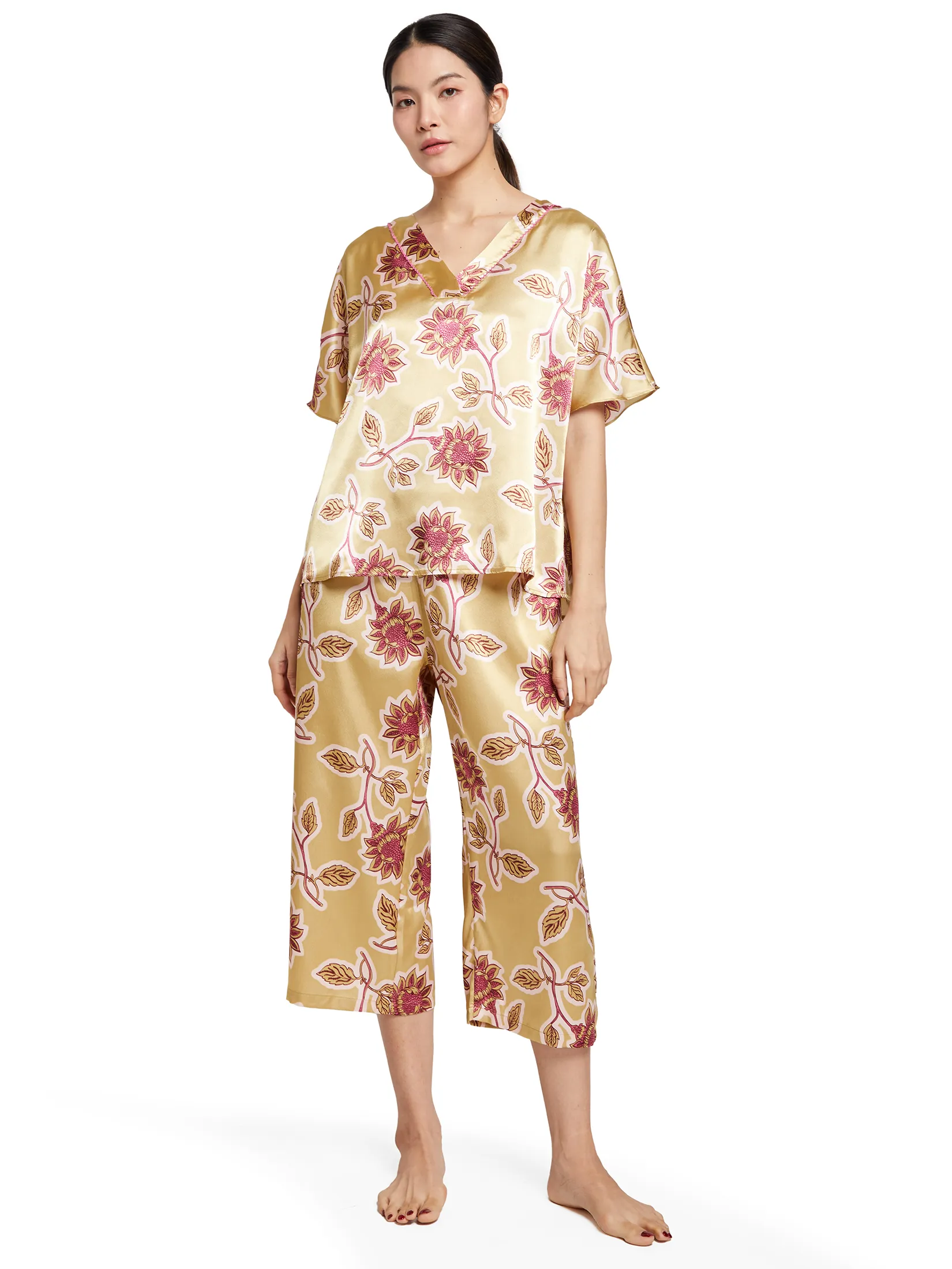 ELIZABETH Women Pyjamas Short Sleeves Blouse + Cropped Pants Gold