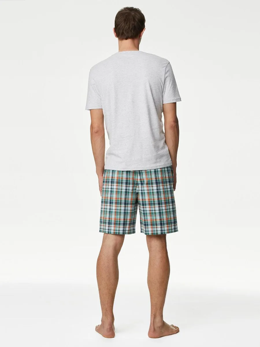 MARKS & SPENCER Men Pyjama T-Shirt + Shorts Set Pure Cotton Checked T4_Grey Mix