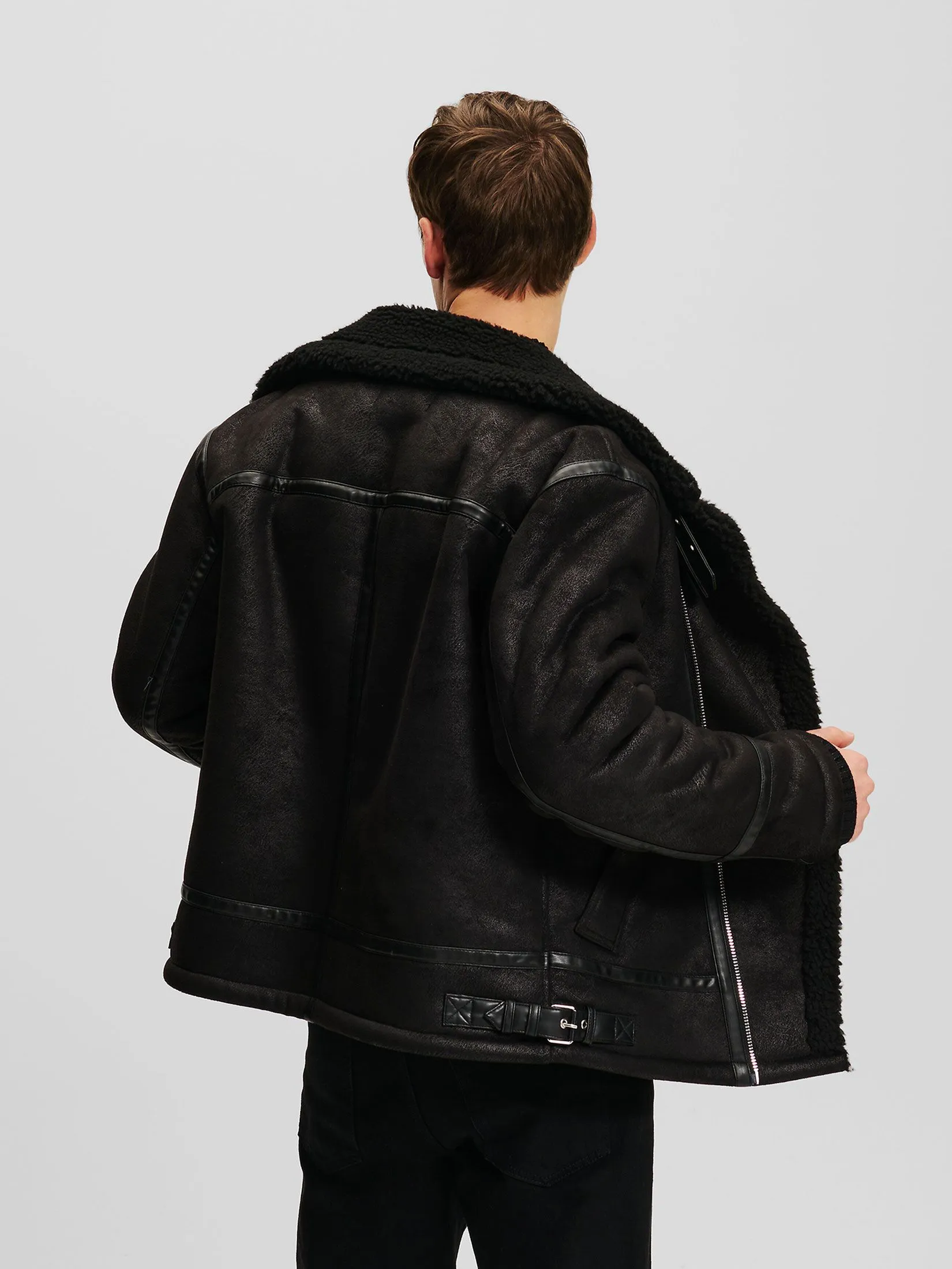 KARL LAGERFELD FAUX LEATHER SHEARLING JACKET BLACK