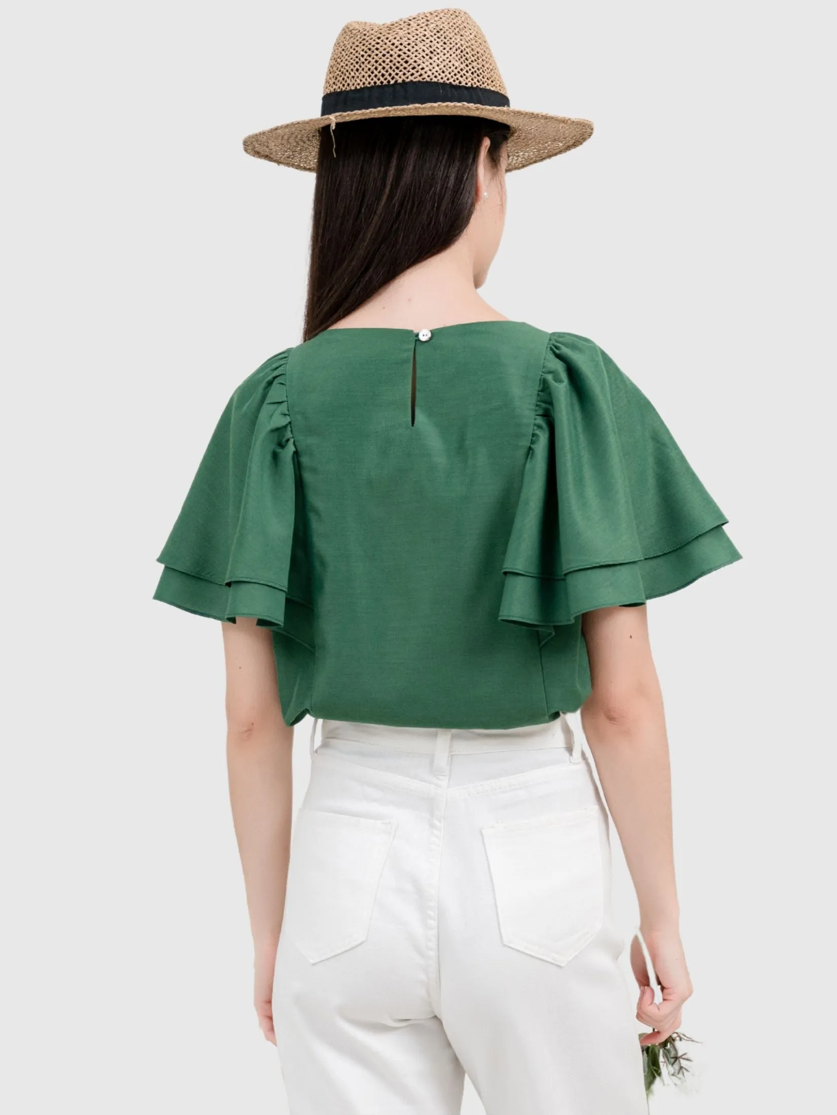 AMILA Women Blouse Short Sleeves Cotton Silk Green