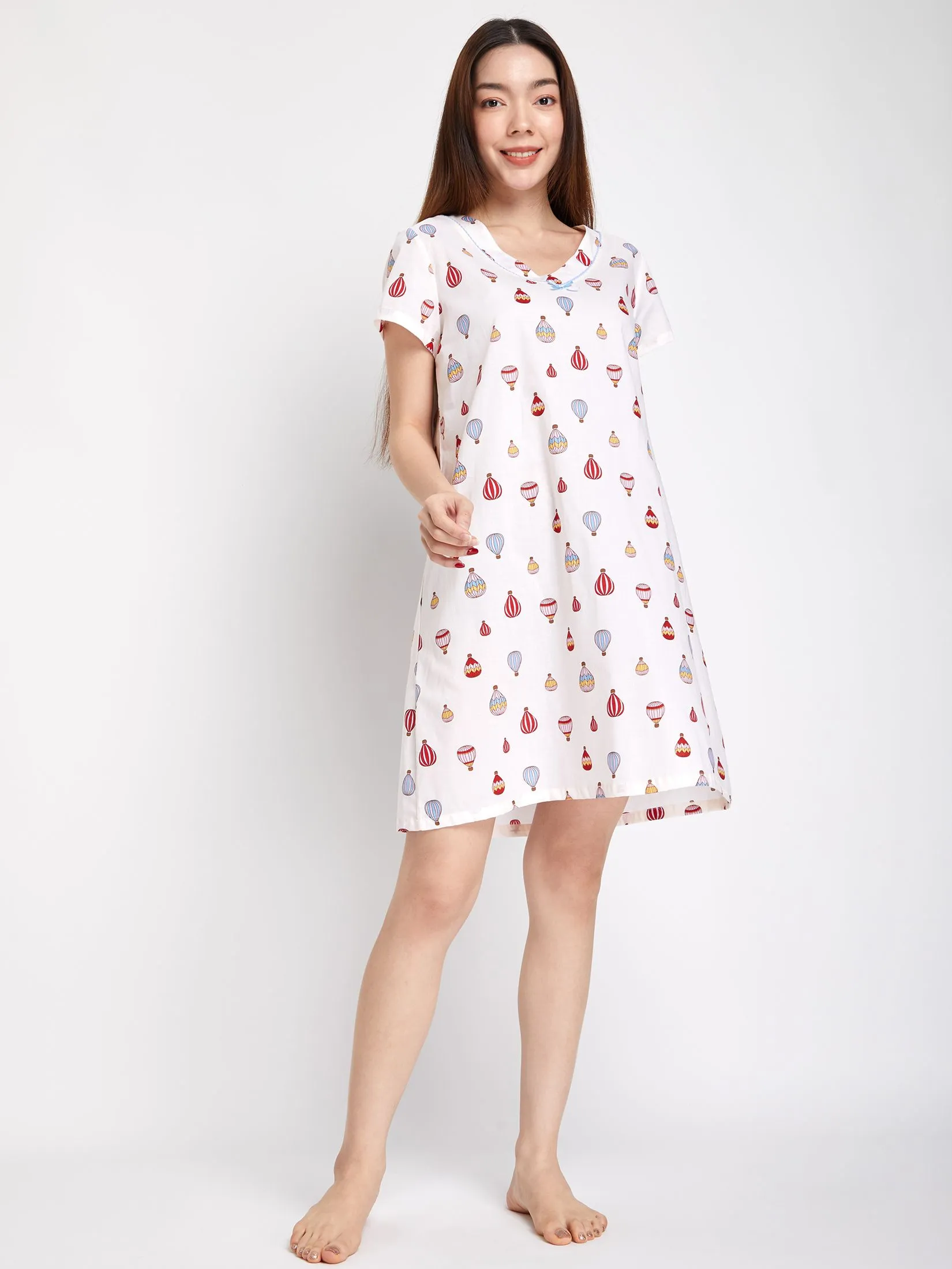 SWEET SENSATIONS Women Dress Sleepwear Short Sleeves V-Neck Off White