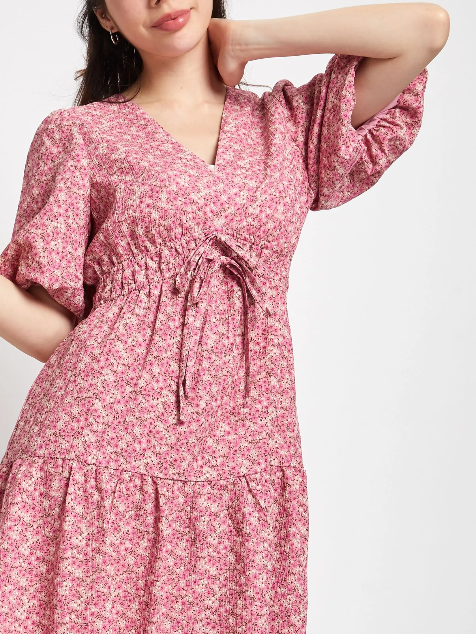 LOLITA Bell-Sleeve V-Neck Midi Dress With Ruched Ribbon Detail
