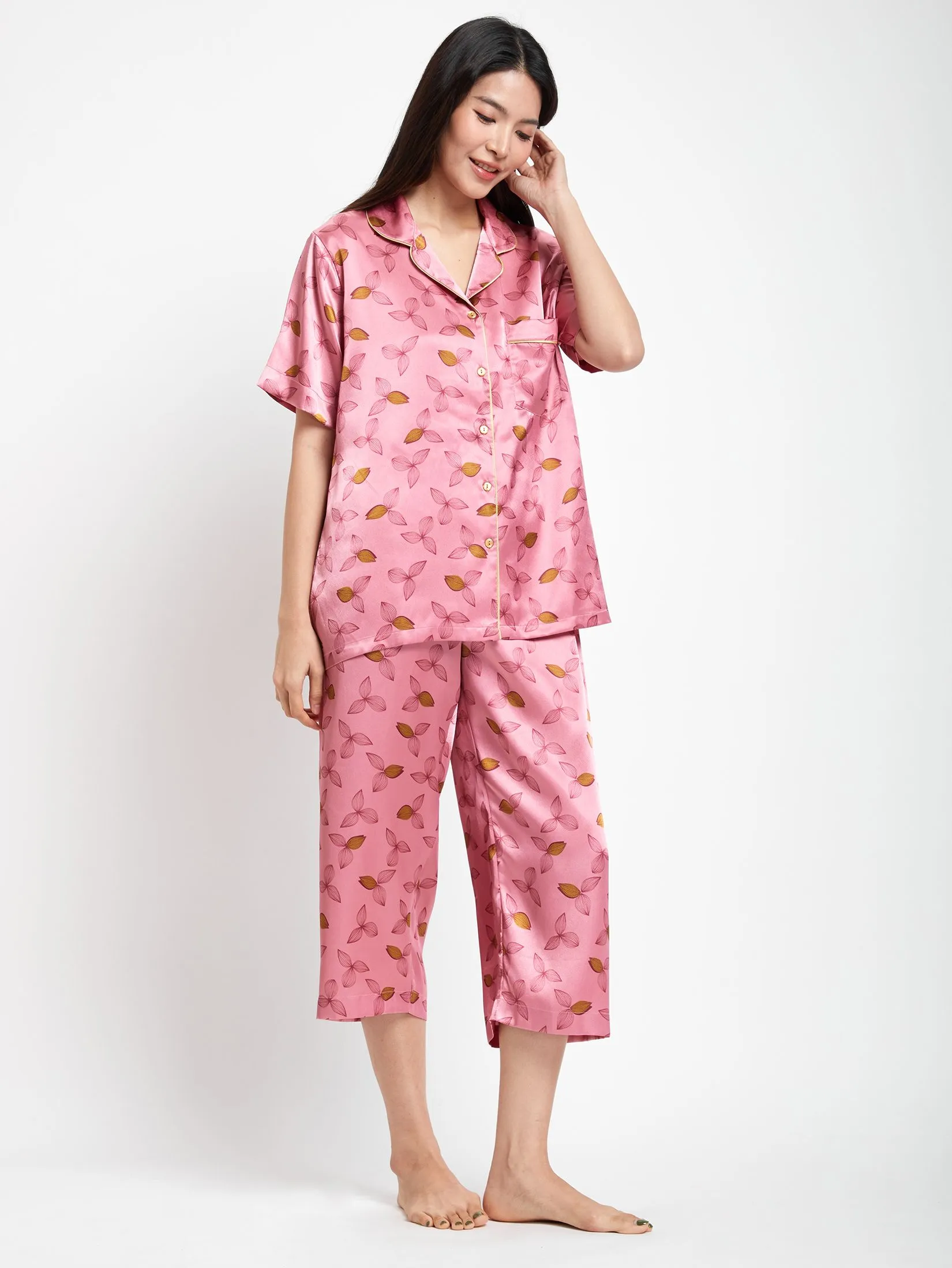 ELIZABETH Women Pyjamas Shirt Short Sleeves + Cropped Pants Pink