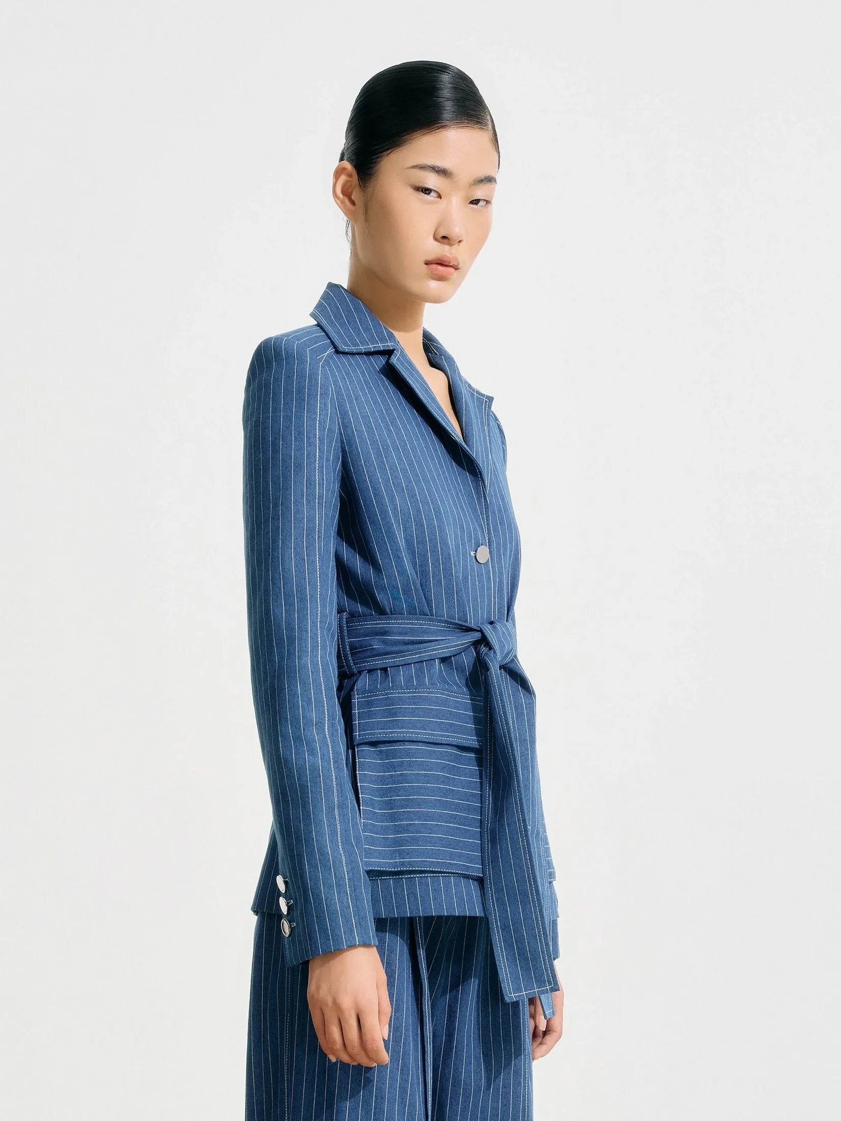ASAVA ( SS25 )Pinstriped Denim Belted Women Blazer Blue