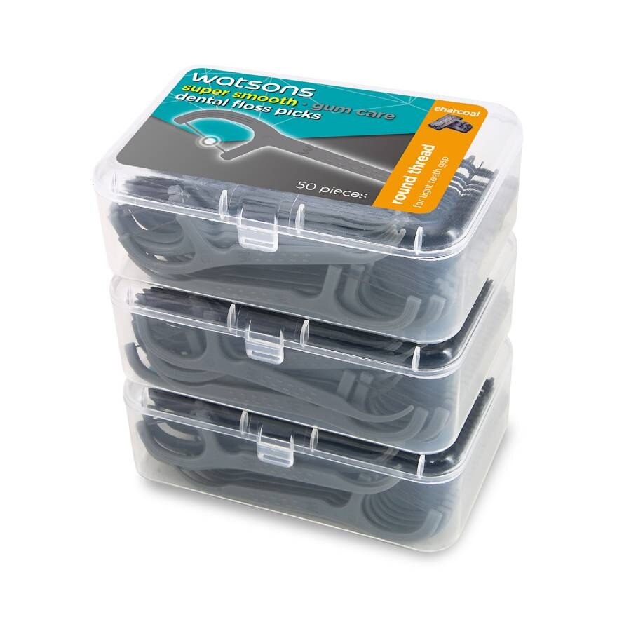 Watsons Super Smooth Charcoal Round Thread Dental Floss Picks 50s x 3 Boxes.