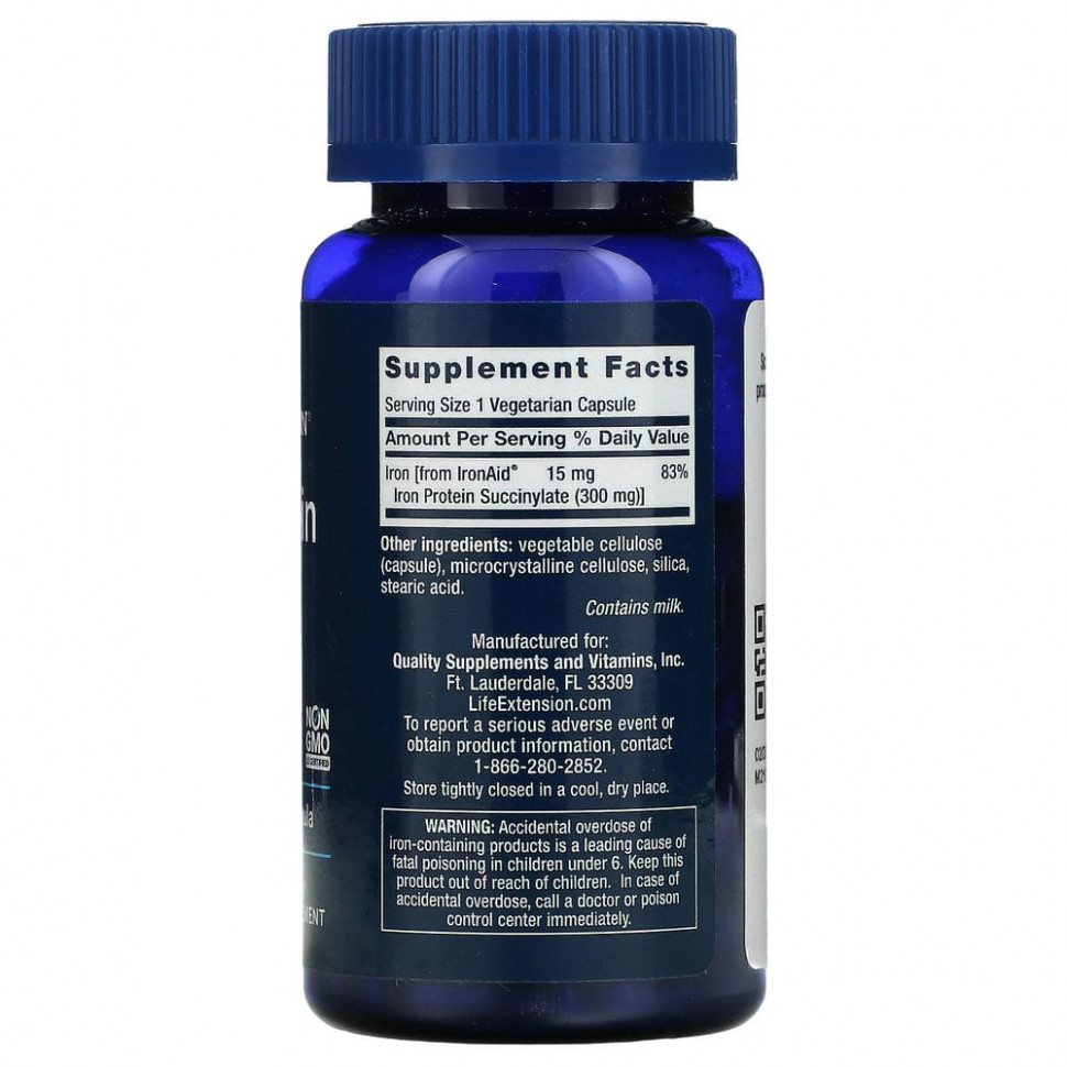 Life Extension, Iron Protein Plus, 300 мг, 100 вегетарианских капсул
