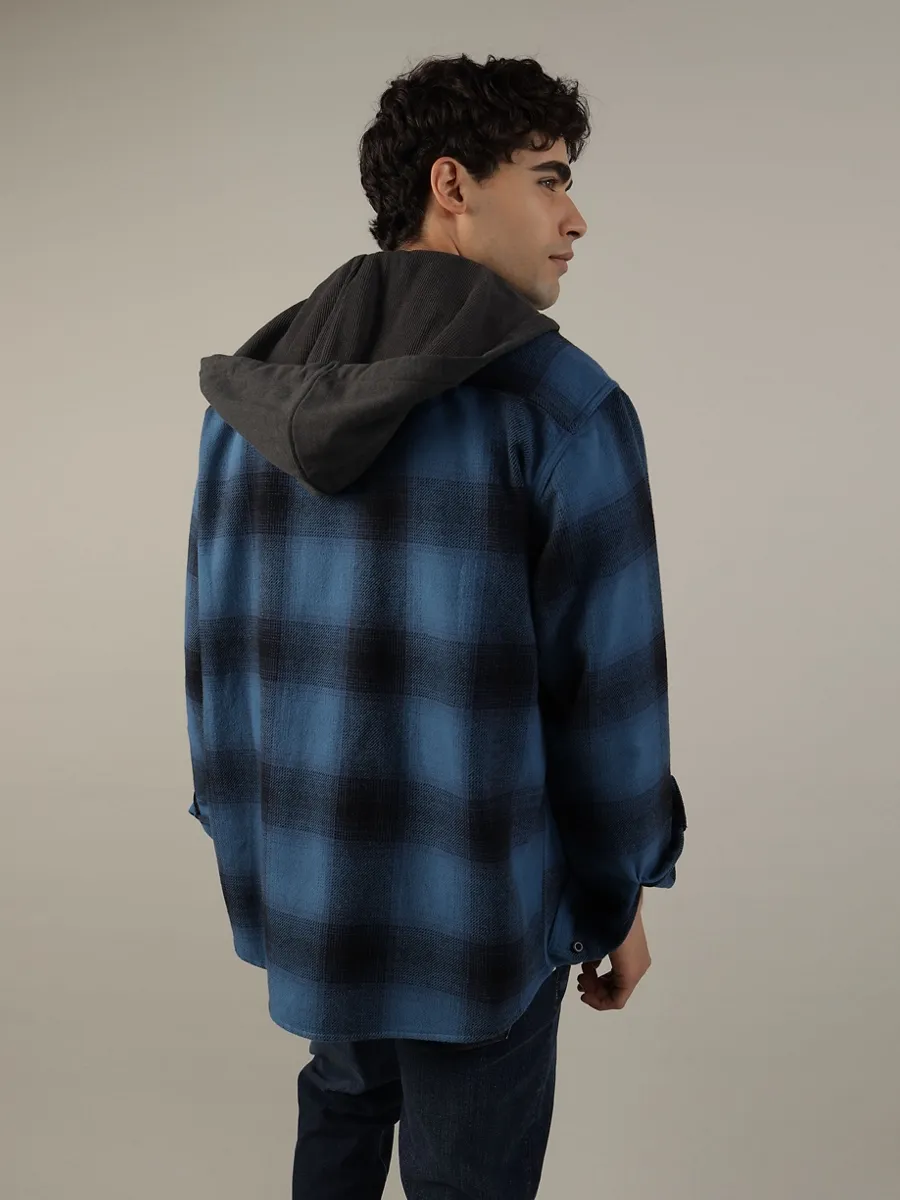 AMERICAN EAGLE MEN BRYAN PLAID HOODED 3X1 FLANNEL 410 NAVY